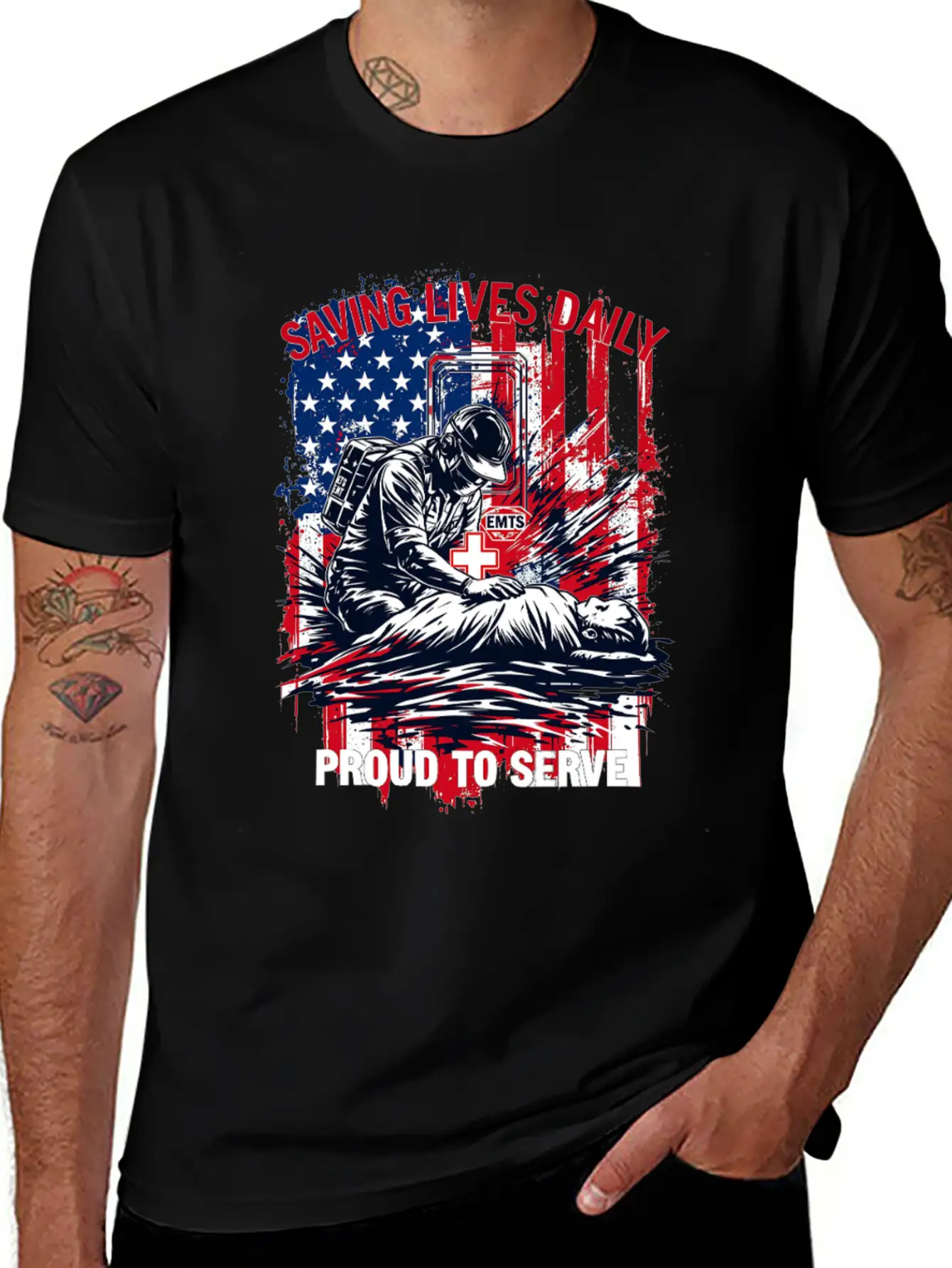 Saving Lives Daily USA America Proud To Serve EMTs Relaxed Everyday Tee – Lightweight And Durable Cotton