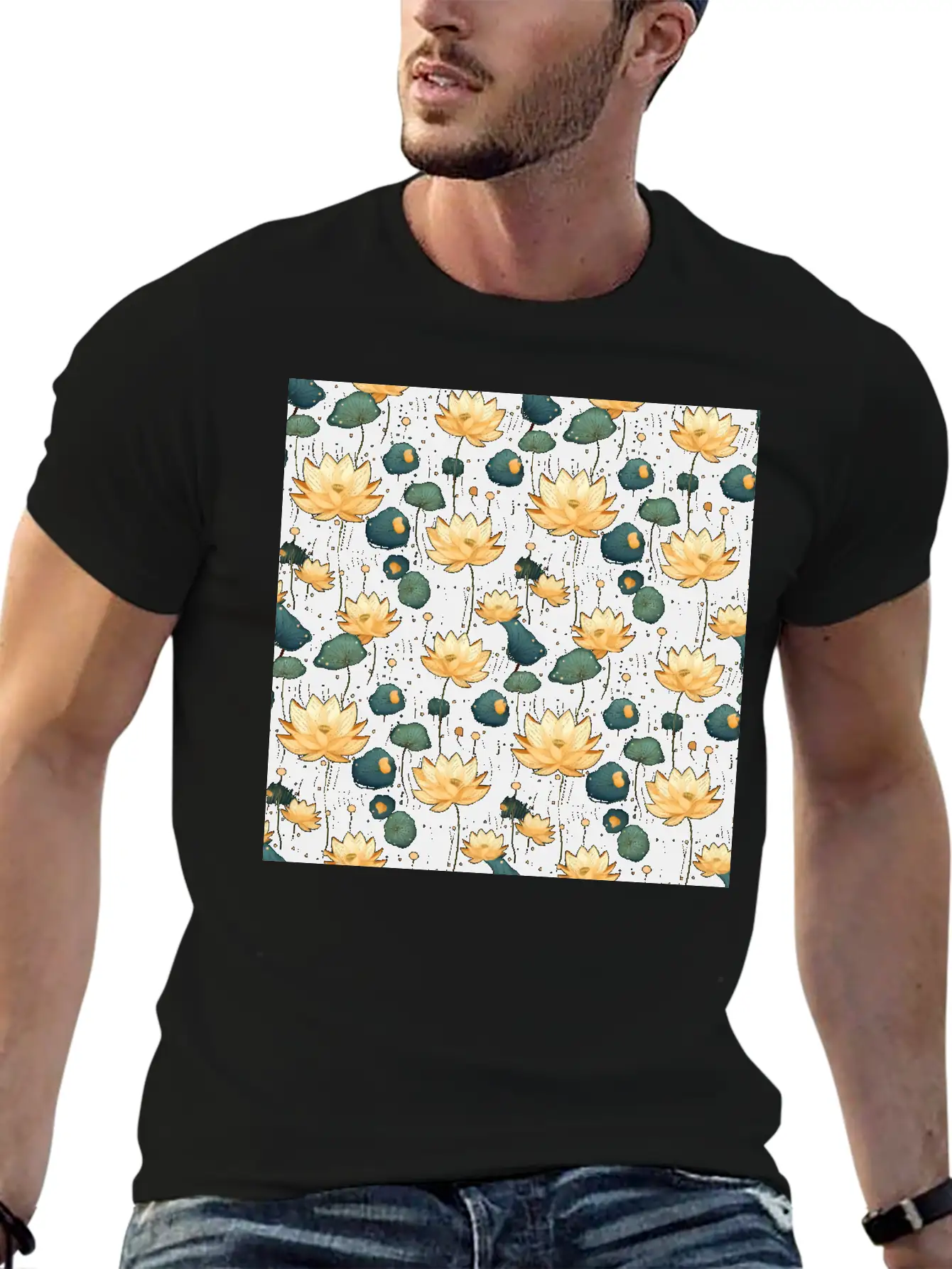 Serenity Blooms: Timeless Lotus Flower Pattern Basic Graphic T-Shirt – Daily Comfort In Soft Cotton