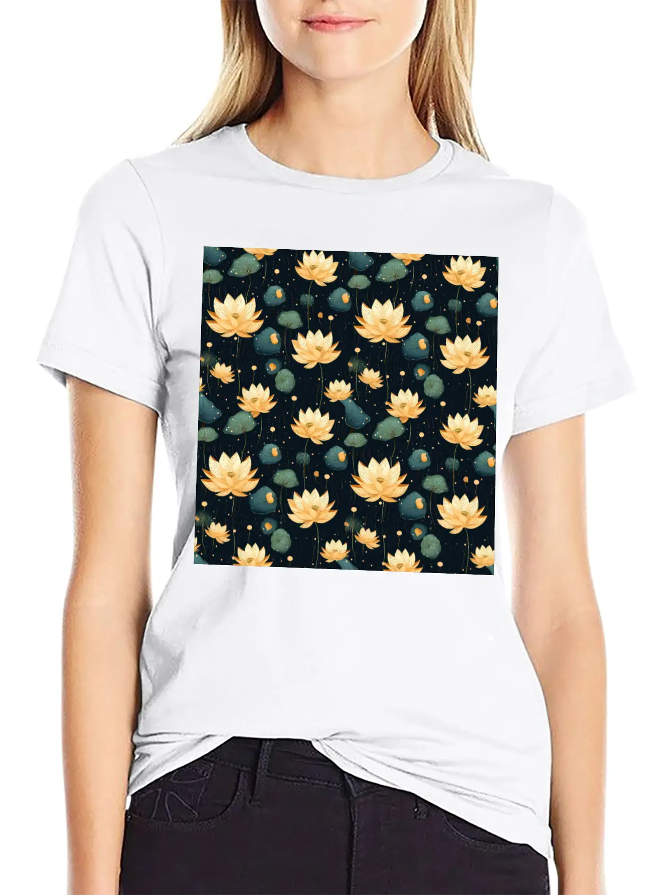 Serenity Blooms: Timeless Lotus Flower Pattern Basic Graphic T-Shirt – Daily Comfort In Soft Cotton
