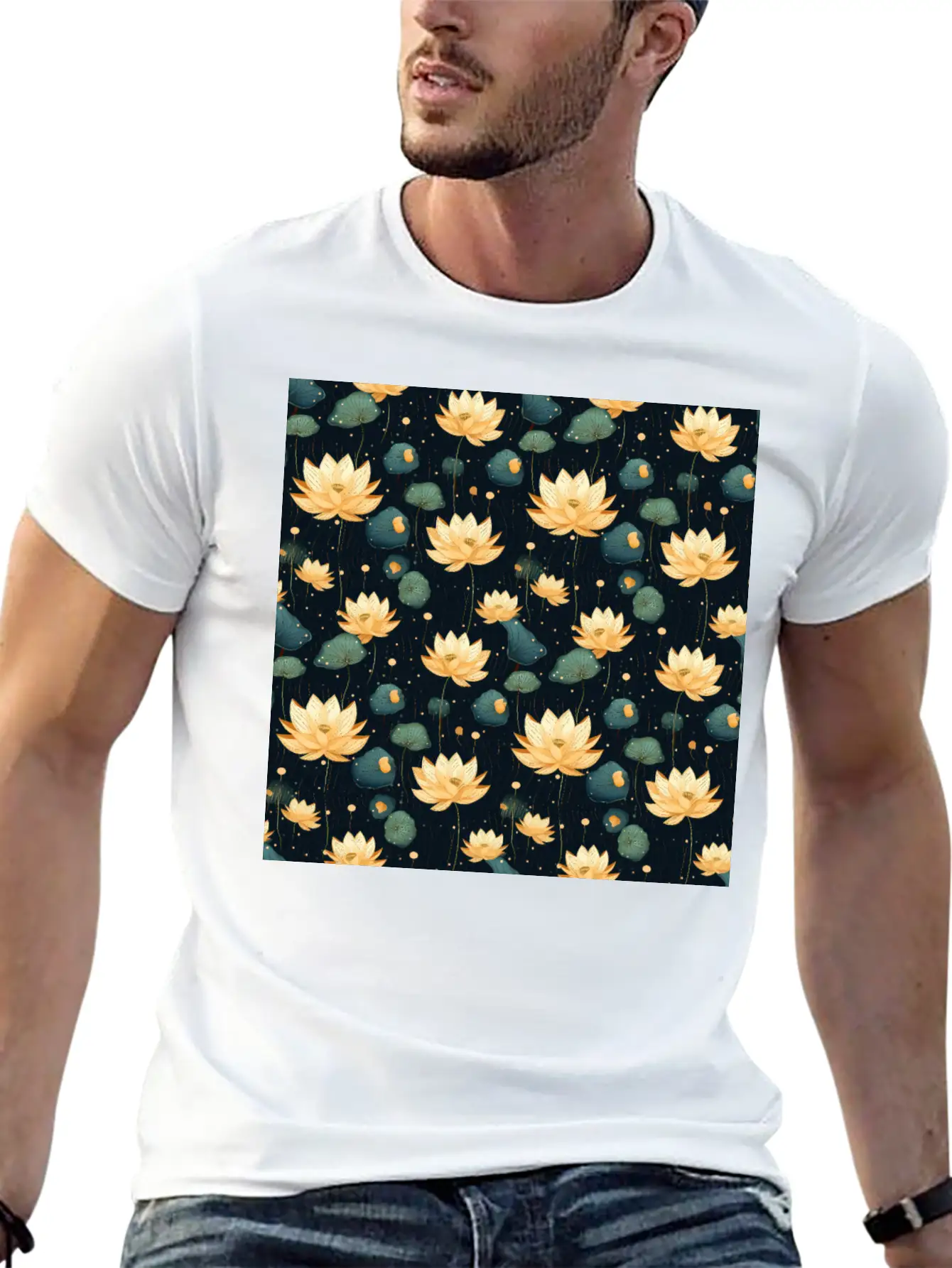 Serenity Blooms: Timeless Lotus Flower Pattern Basic Graphic T-Shirt – Daily Comfort In Soft Cotton