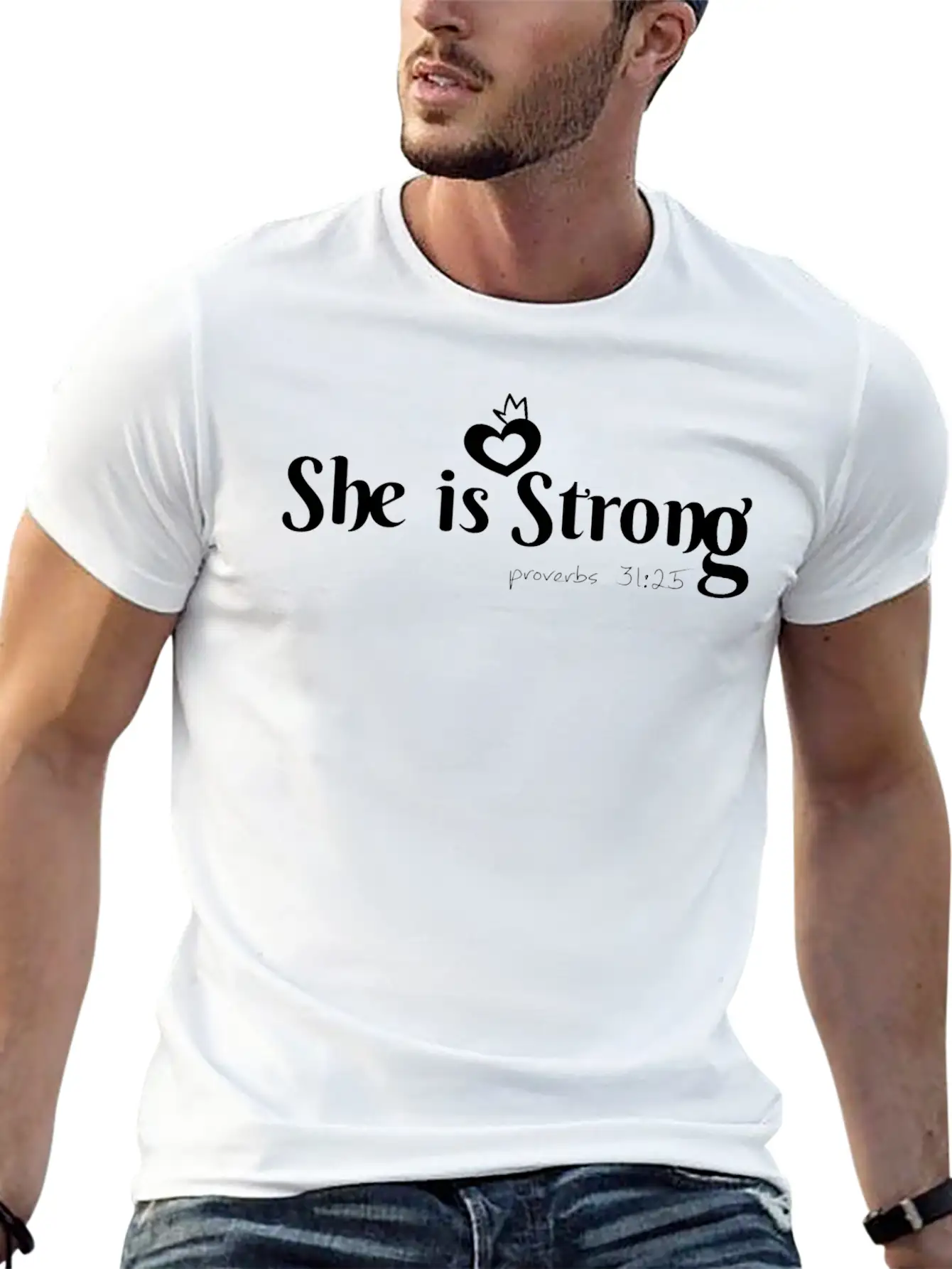 She Is Strong, Christian, Bible Verse Lightweight Cotton T-Shirt – Daily Comfort Graphic Shirt