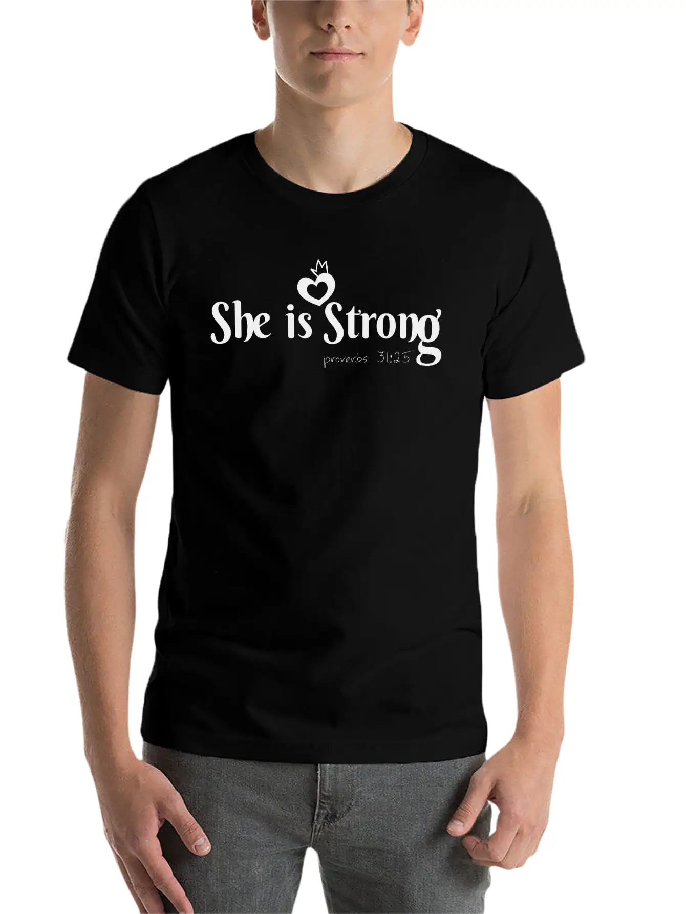 She Is Strong, Christian, Bible Verse Lightweight Cotton T-Shirt – Daily Comfort Graphic Shirt