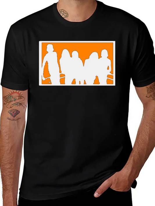 Silhouette Of A Group Against Orange Background Stylish Everyday T-Shirt – Unisex Basic Cotton Tee