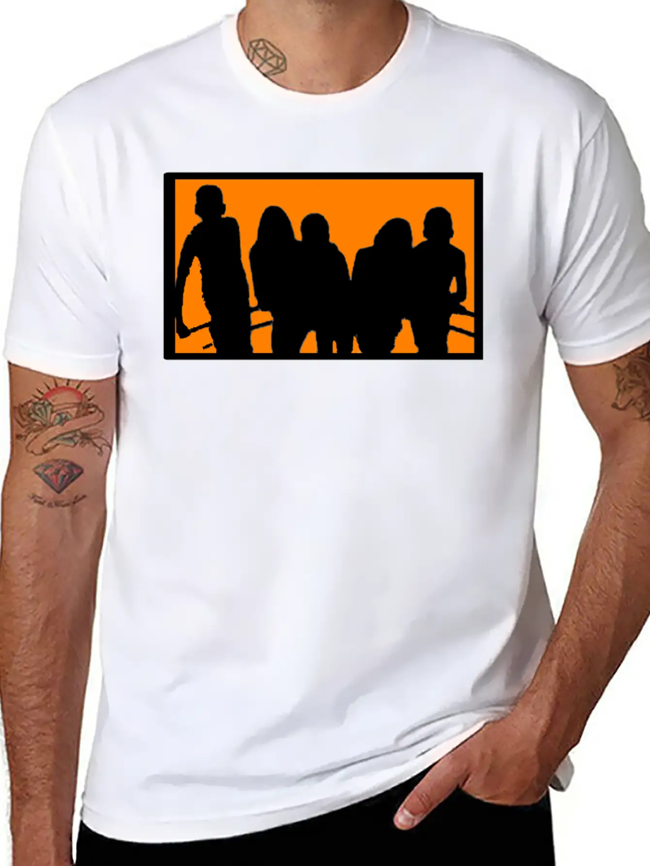 Silhouette Of A Group Against Orange Background Stylish Everyday T-Shirt – Unisex Basic Cotton Tee