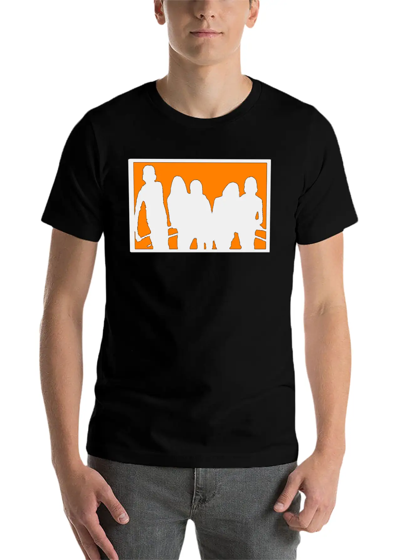 Silhouette Of A Group Against Orange Background Stylish Everyday T-Shirt – Unisex Basic Cotton Tee