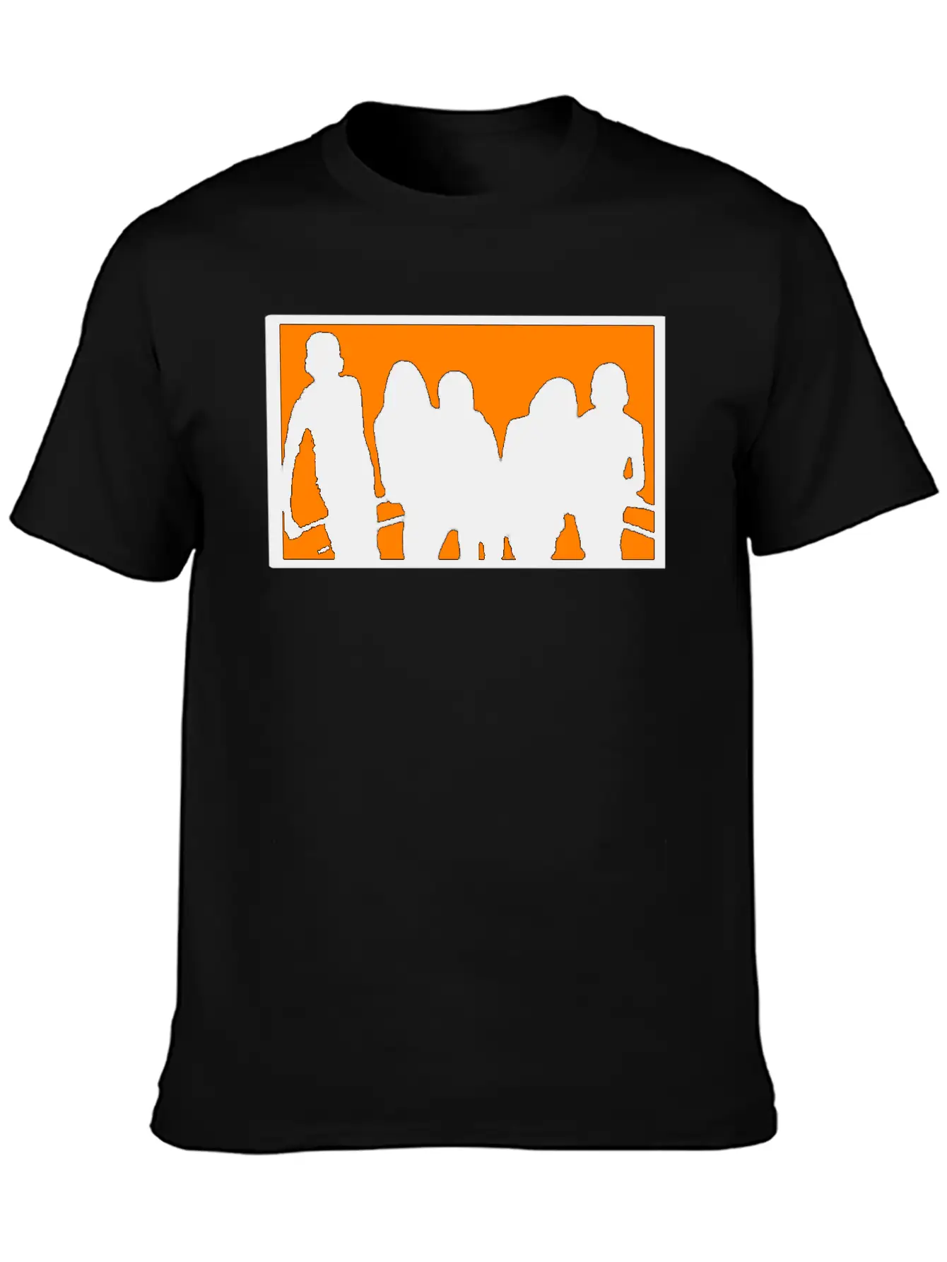 Silhouette Of A Group Against Orange Background Stylish Everyday T-Shirt – Unisex Basic Cotton Tee