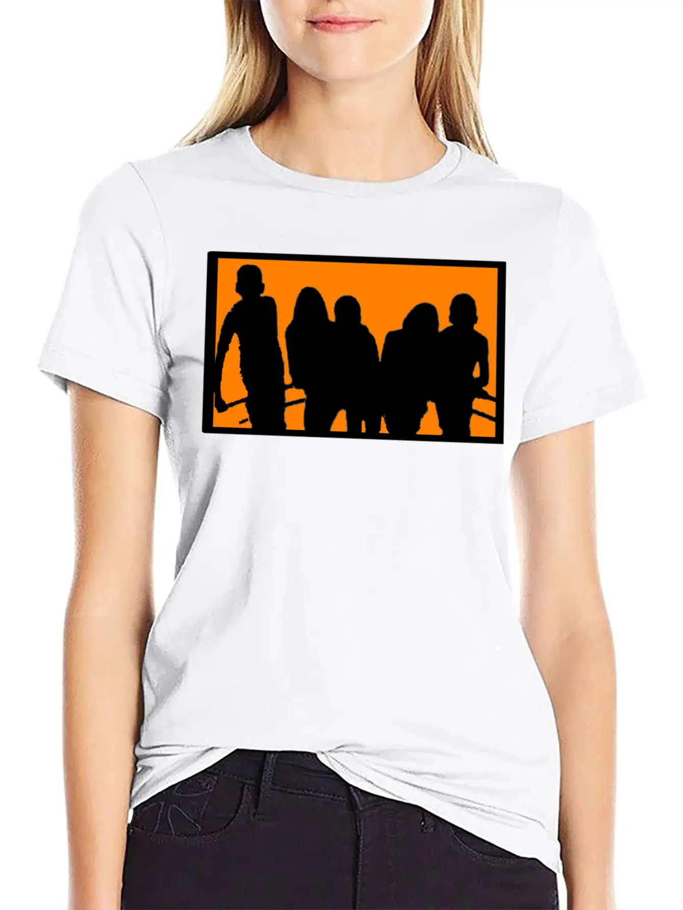 Silhouette Of A Group Against Orange Background Stylish Everyday T-Shirt – Unisex Basic Cotton Tee