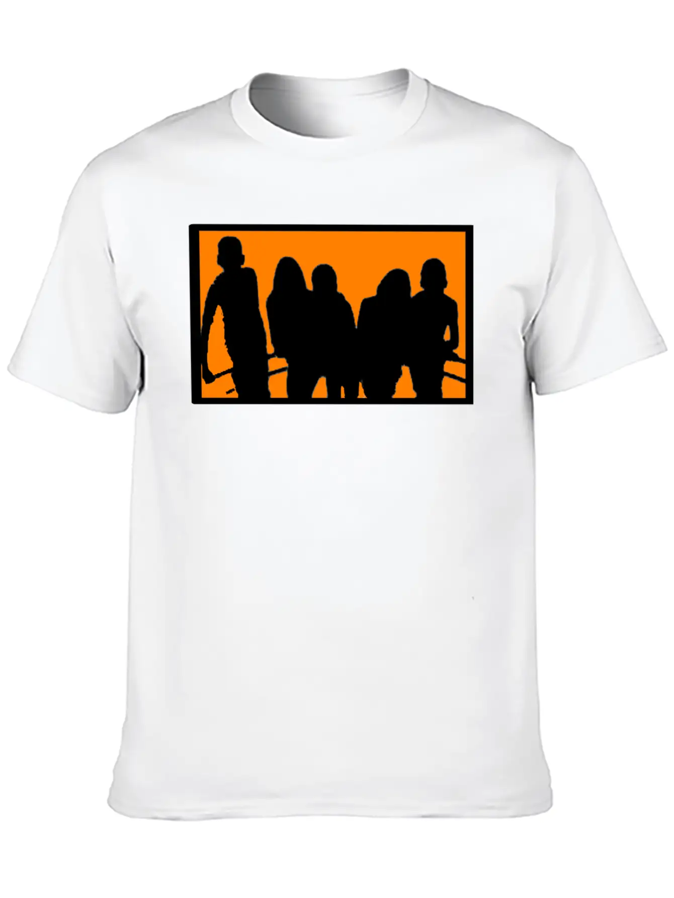 Silhouette Of A Group Against Orange Background Stylish Everyday T-Shirt – Unisex Basic Cotton Tee