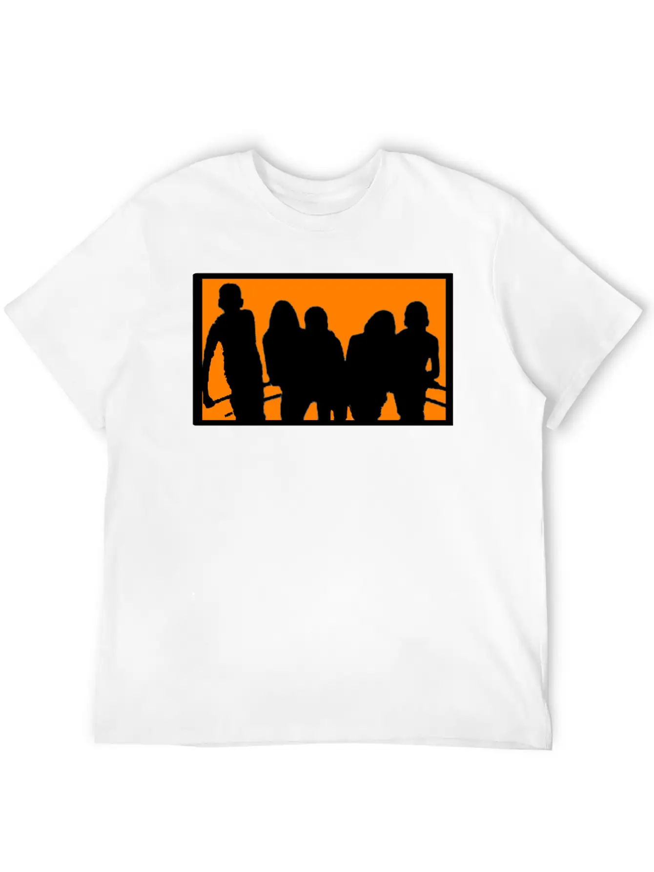 Silhouette Of A Group Against Orange Background Stylish Everyday T-Shirt – Unisex Basic Cotton Tee