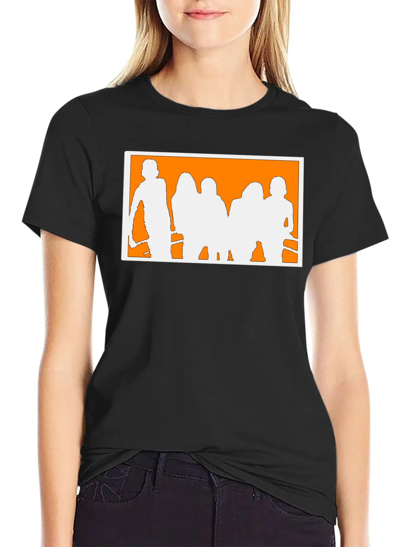 Silhouette Of A Group Against Orange Background Stylish Everyday T-Shirt – Unisex Basic Cotton Tee