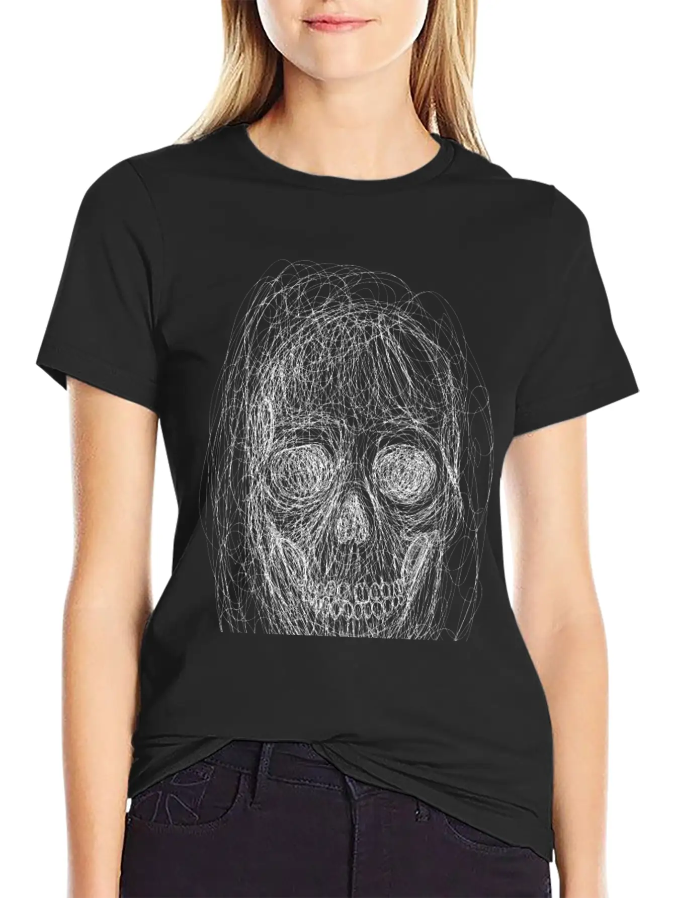 Skull Line Art_ Painted Skull Face Soft Cotton Short Sleeve Tee – Unisex Wardrobe Staple