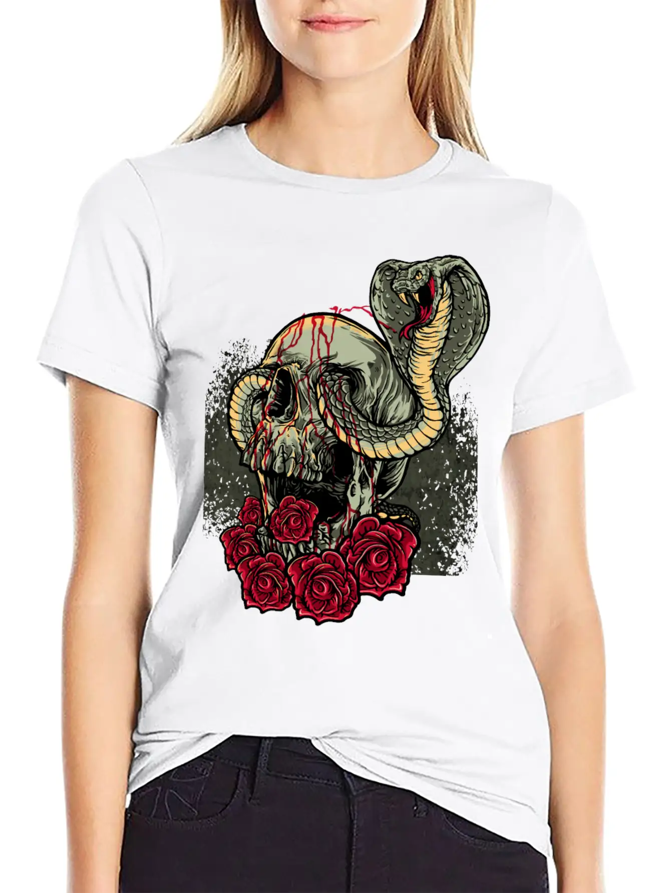 Skull Snake Roses Scary Horror Lightweight Cotton T-Shirt – Daily Comfort Graphic Shirt