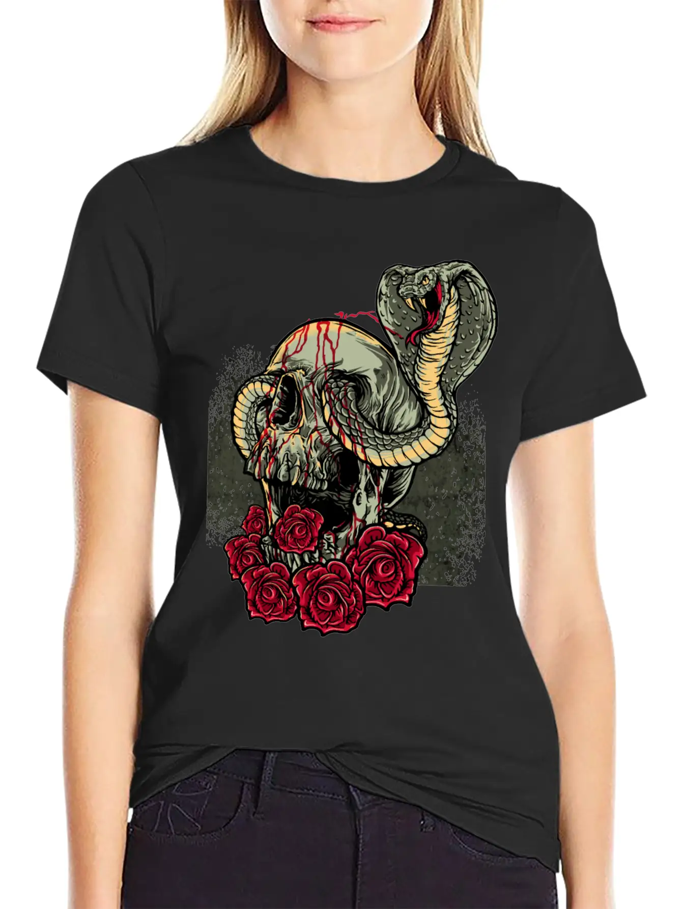 Skull Snake Roses Scary Horror Lightweight Cotton T-Shirt – Daily Comfort Graphic Shirt