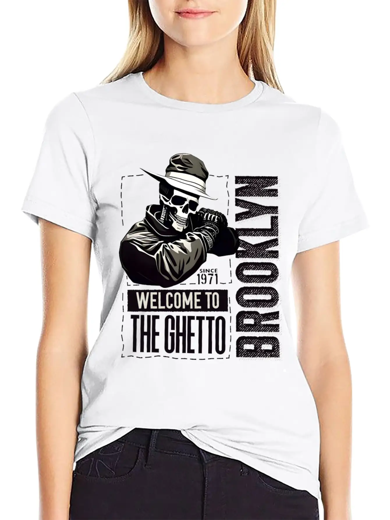 Skull Welcome To The Ghetto Brooklyn New York USA Essential Cotton Tee For Daily Outfits – Unisex Style
