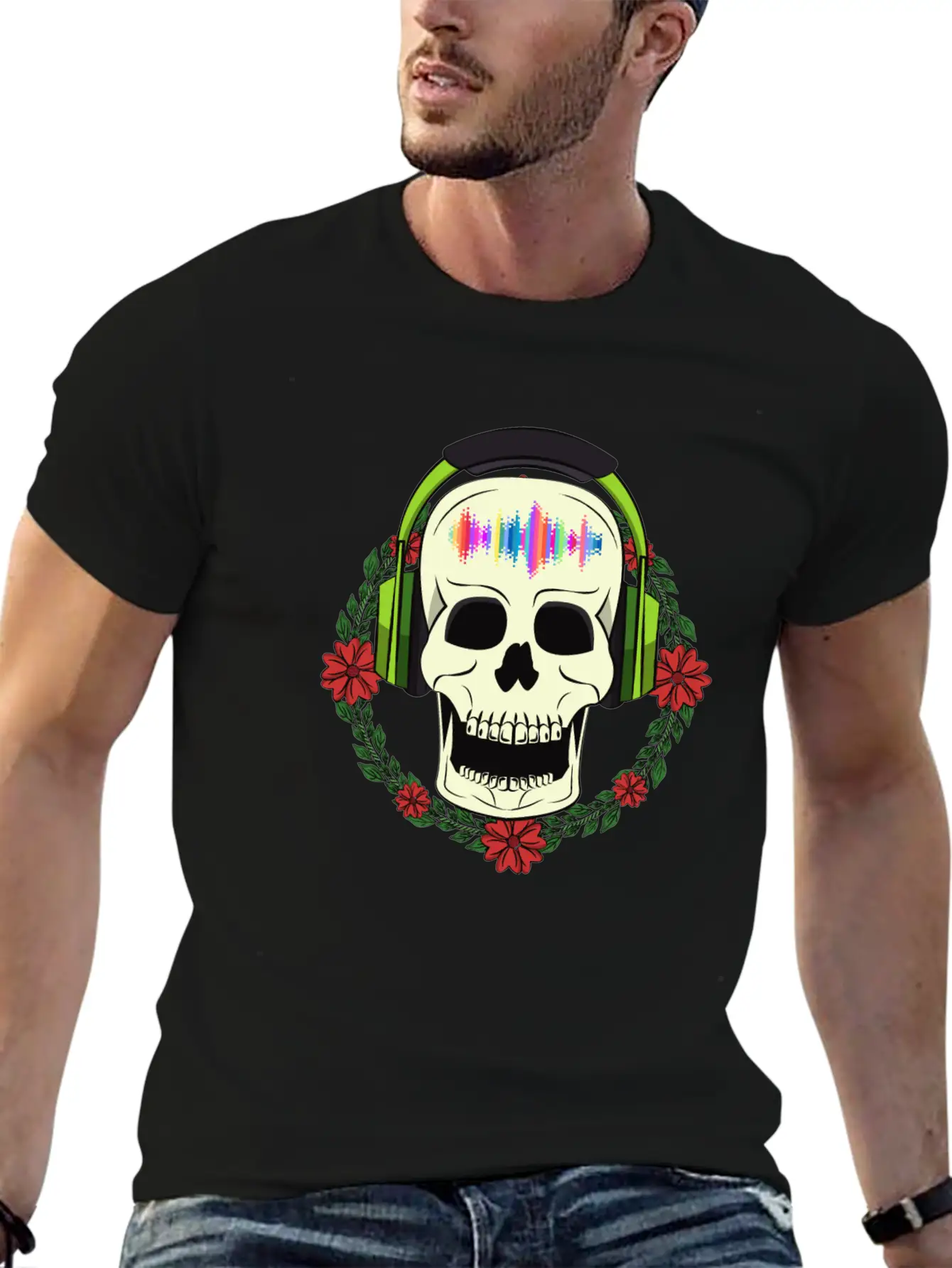 Skull With Earphones Modern Fit Casual T-Shirt – Clean And Versatile Design