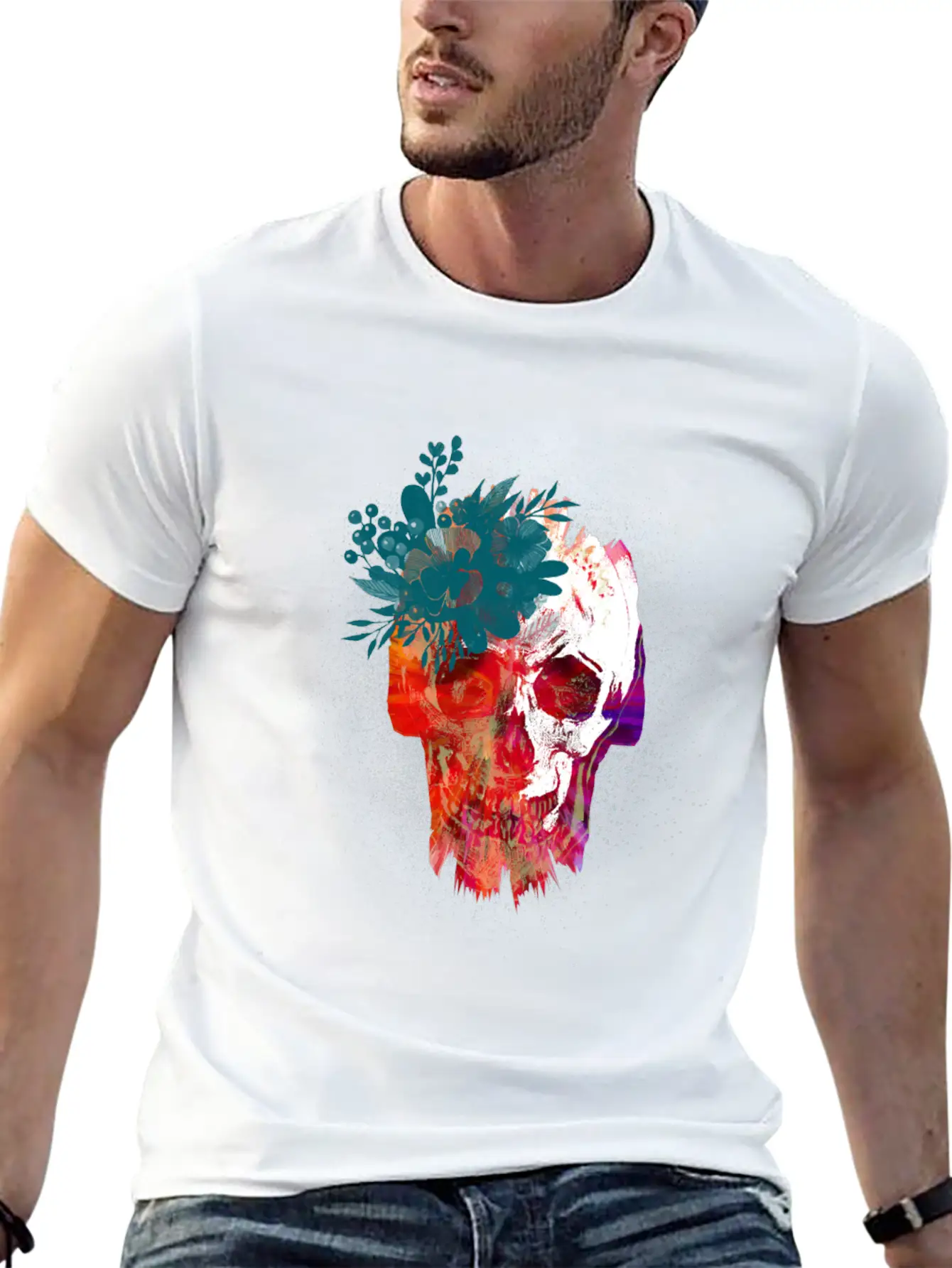 Skull With Flowers Lightweight Cotton T-Shirt – Daily Comfort Graphic Shirt