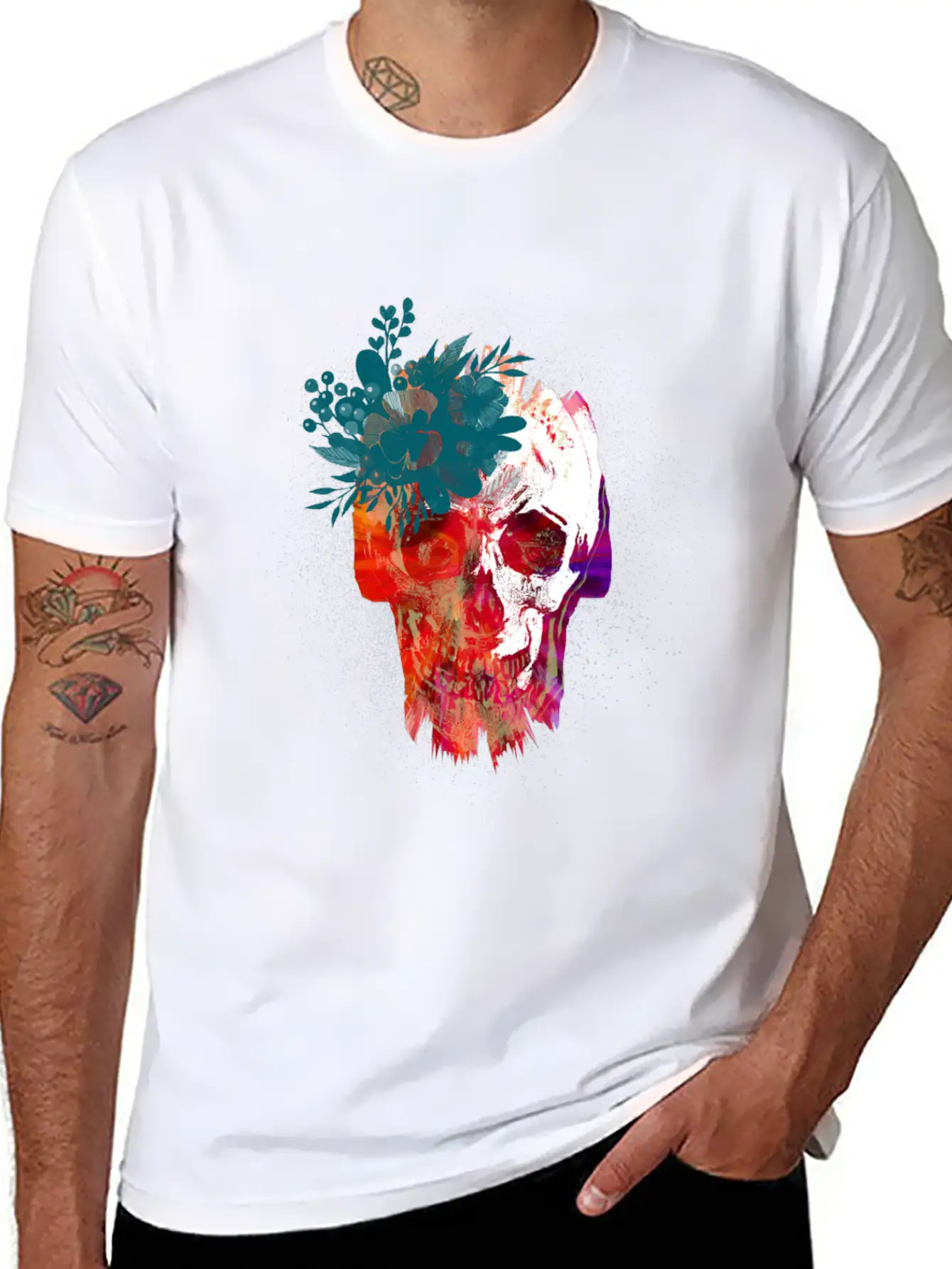 Skull With Flowers Lightweight Cotton T-Shirt – Daily Comfort Graphic Shirt