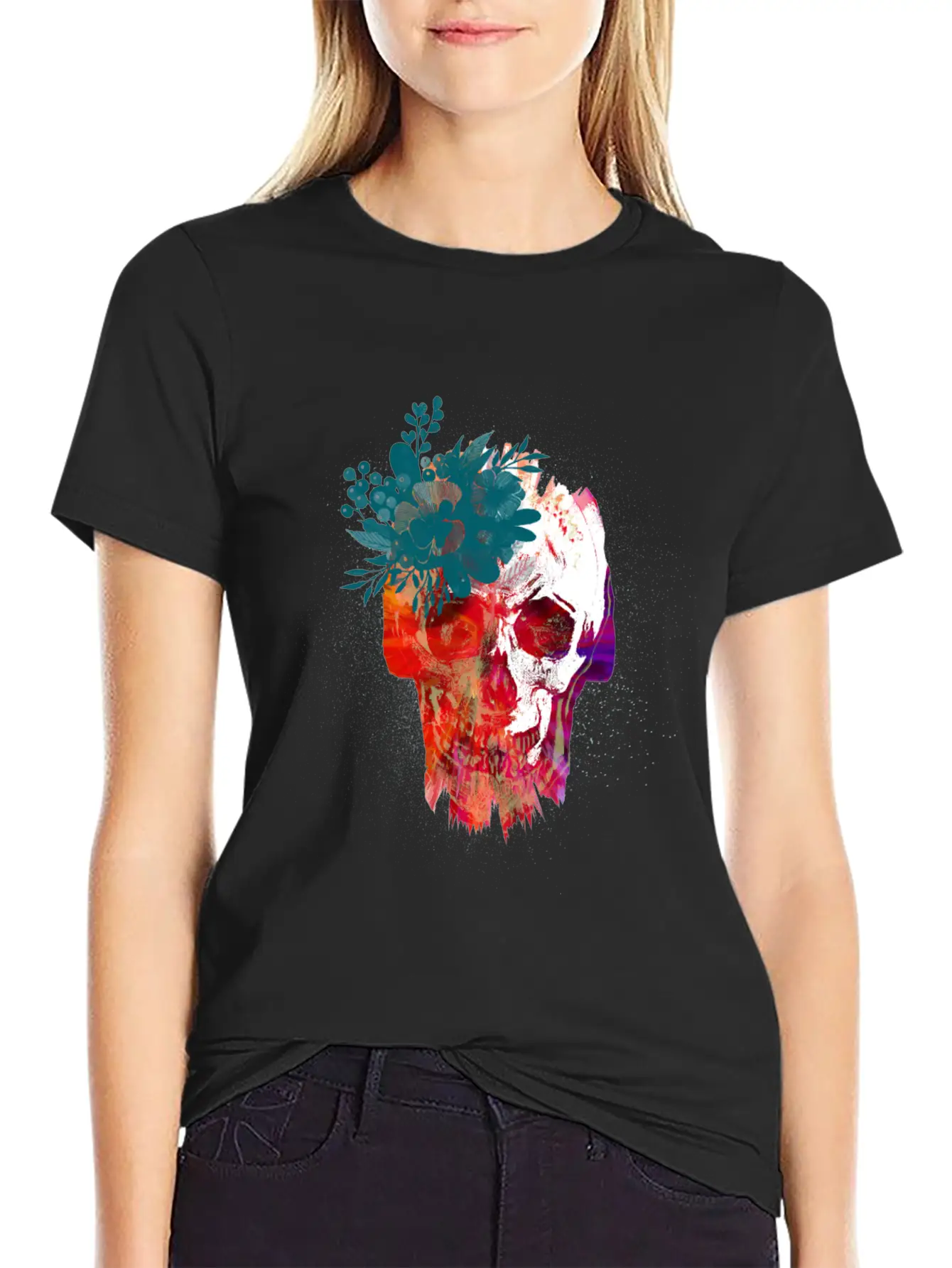 Skull With Flowers Lightweight Cotton T-Shirt – Daily Comfort Graphic Shirt