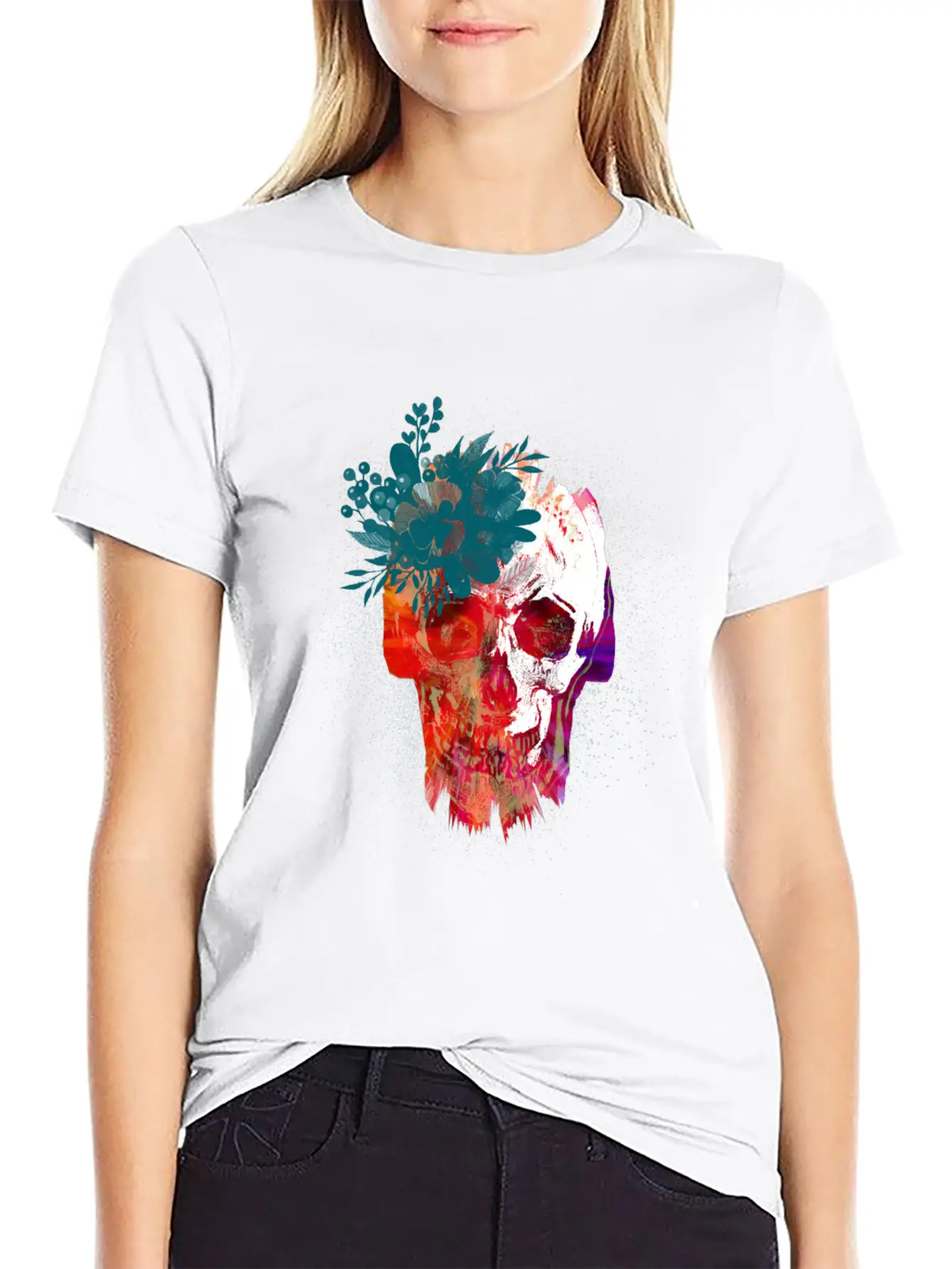Skull With Flowers Lightweight Cotton T-Shirt – Daily Comfort Graphic Shirt