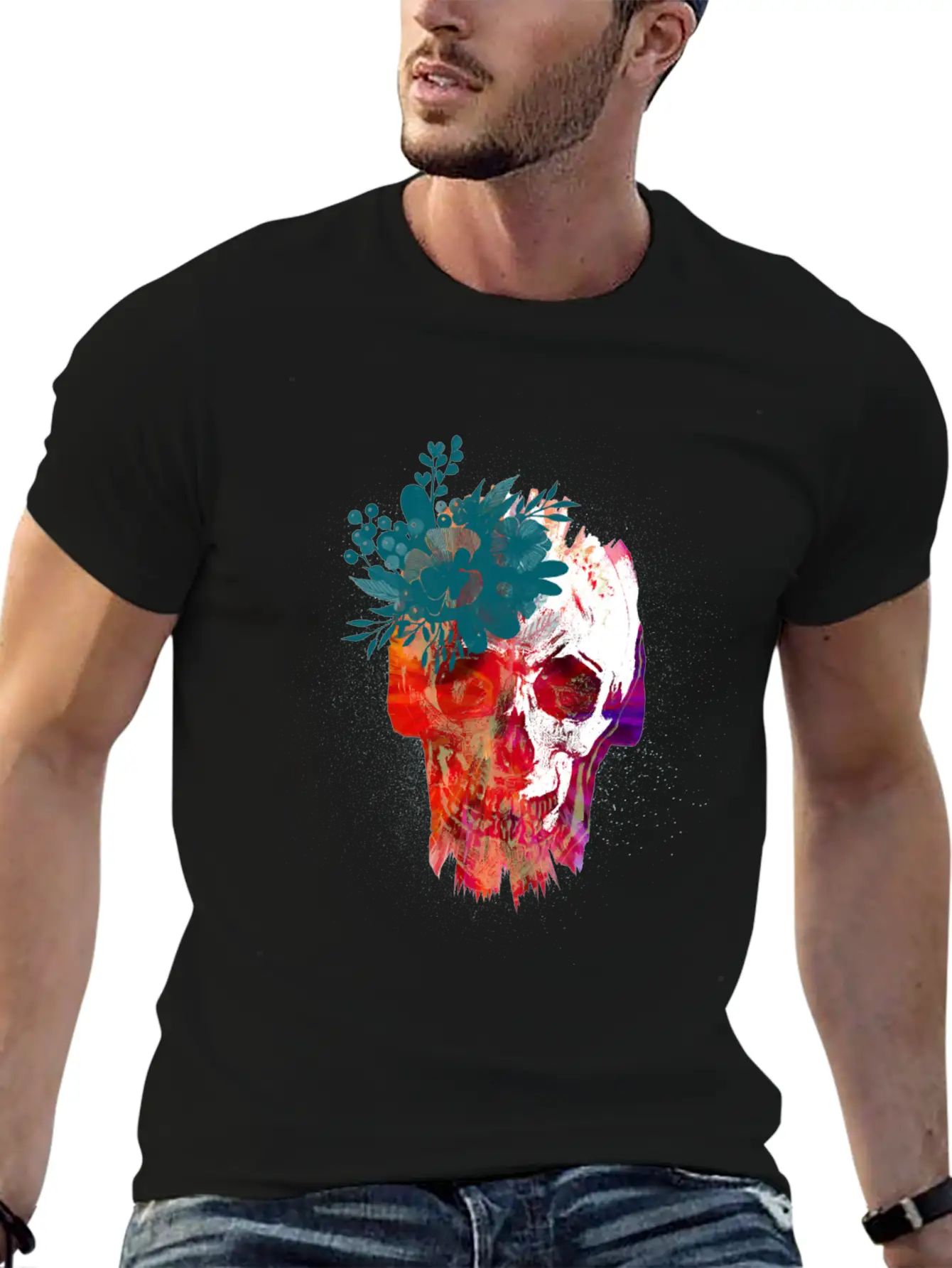 Skull With Flowers Lightweight Cotton T-Shirt – Daily Comfort Graphic Shirt