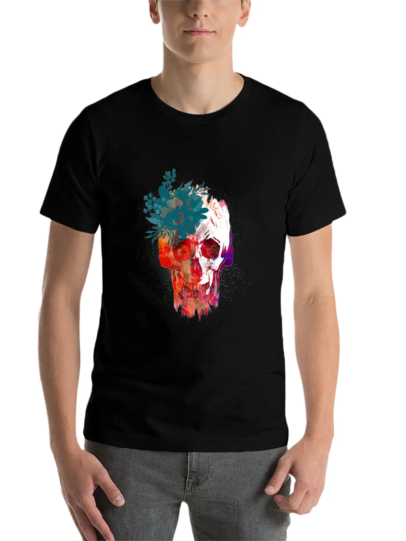 Skull With Flowers Lightweight Cotton T-Shirt – Daily Comfort Graphic Shirt
