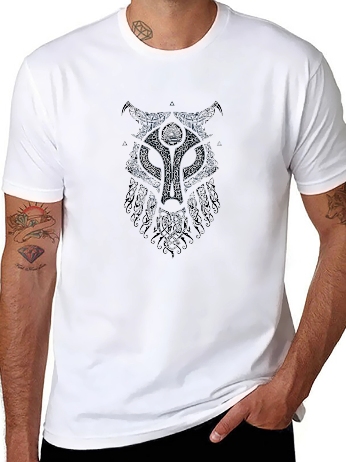 Viking Wolf Graphic Print Black T-Shirt