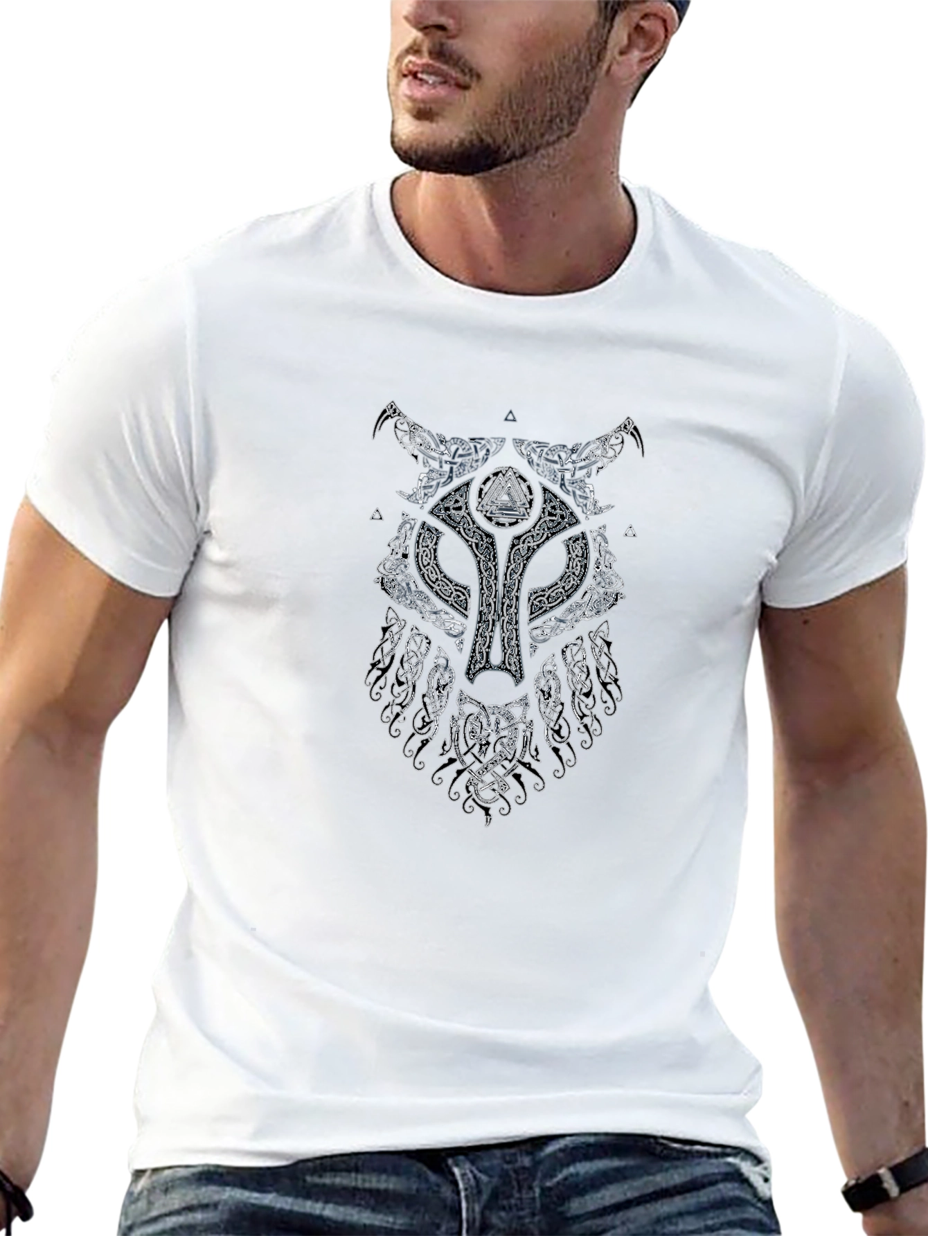 Viking Wolf Graphic Print Black T-Shirt