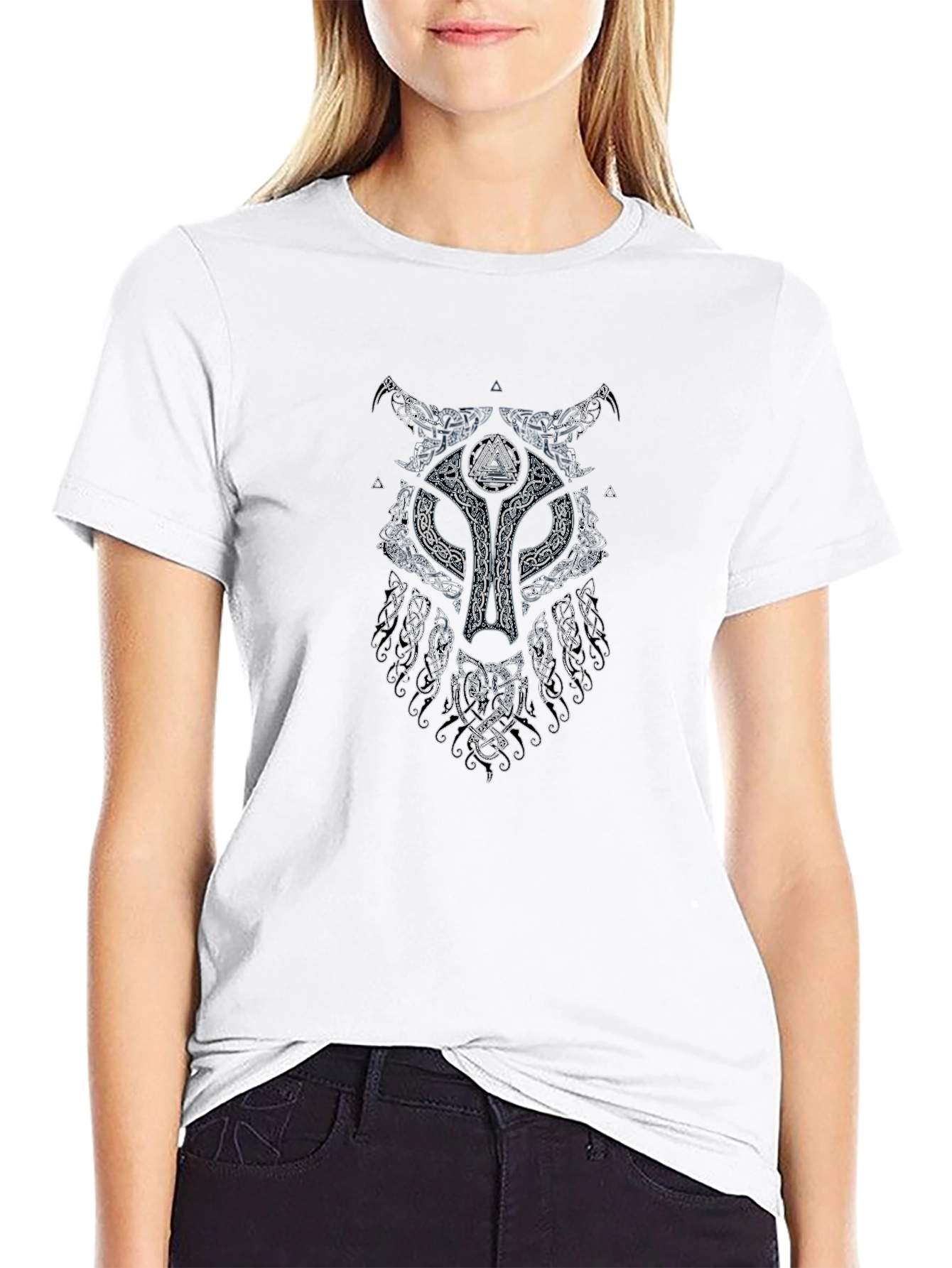 Viking Wolf Graphic Print Black T-Shirt