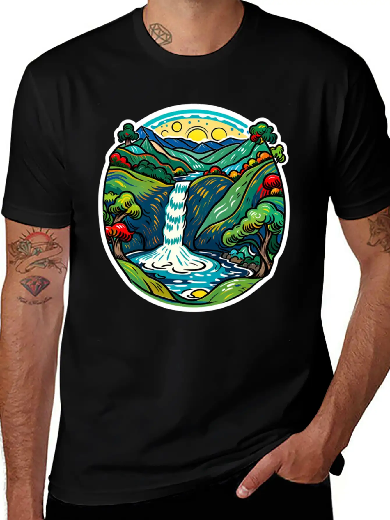 Smoky Mountain Waterfall, Van Gogh Inspired Lightweight Cotton T-Shirt – Daily Comfort Graphic Shirt