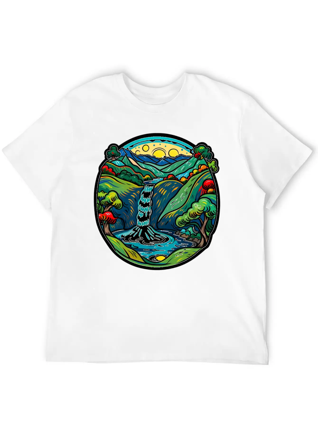 Smoky Mountain Waterfall, Van Gogh Inspired Lightweight Cotton T-Shirt – Daily Comfort Graphic Shirt
