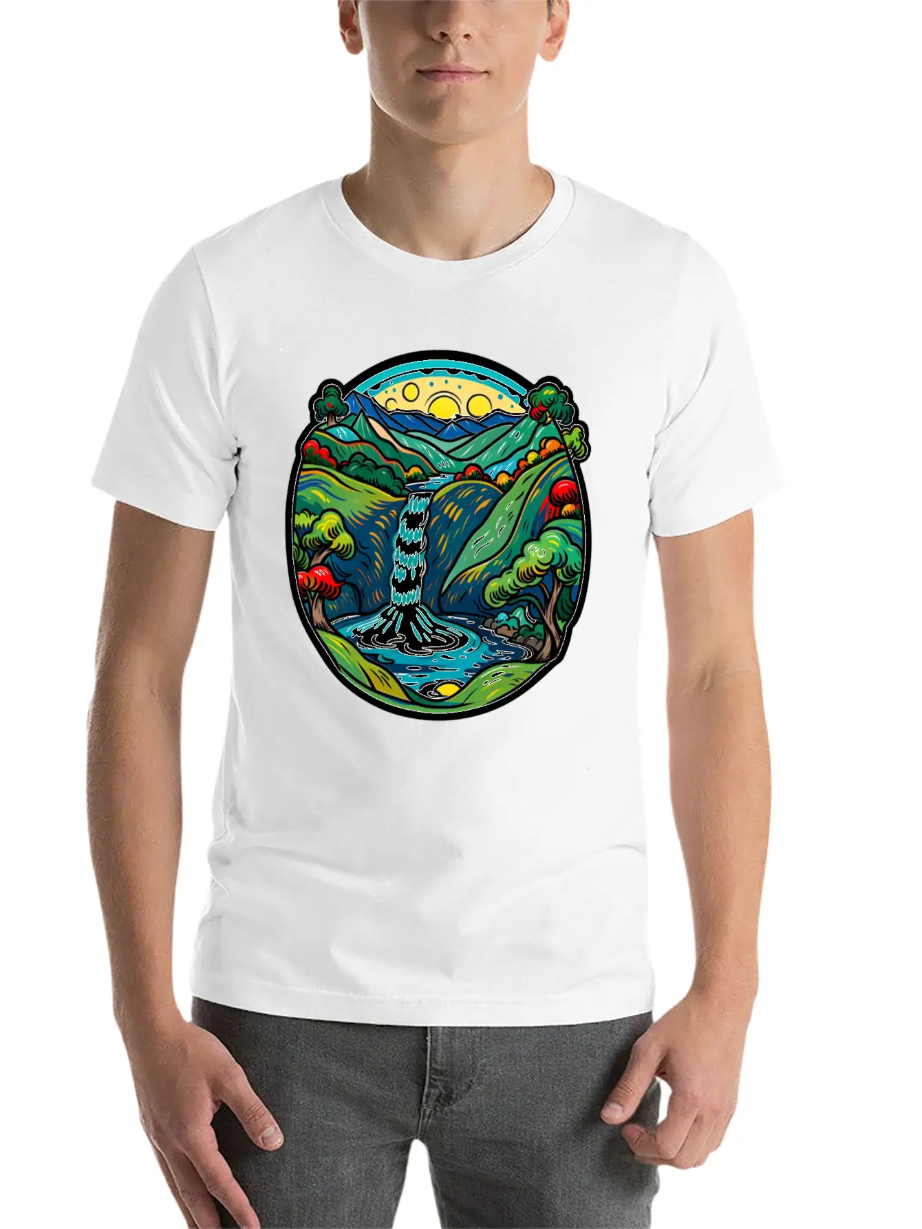 Smoky Mountain Waterfall, Van Gogh Inspired Lightweight Cotton T-Shirt – Daily Comfort Graphic Shirt
