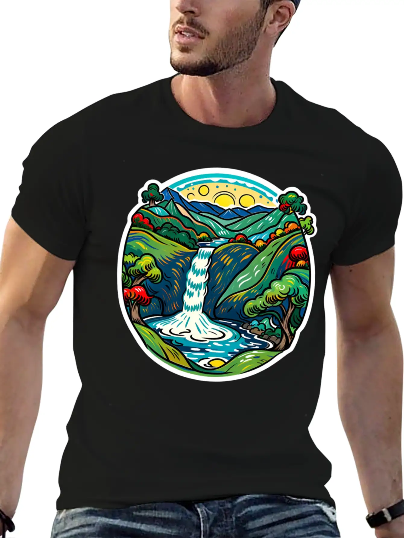 Smoky Mountain Waterfall, Van Gogh Inspired Lightweight Cotton T-Shirt – Daily Comfort Graphic Shirt