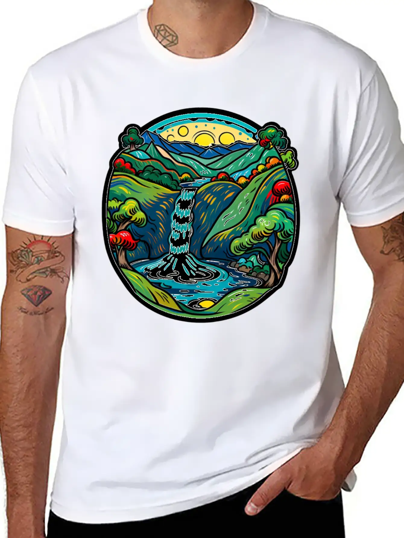 Smoky Mountain Waterfall, Van Gogh Inspired Lightweight Cotton T-Shirt – Daily Comfort Graphic Shirt