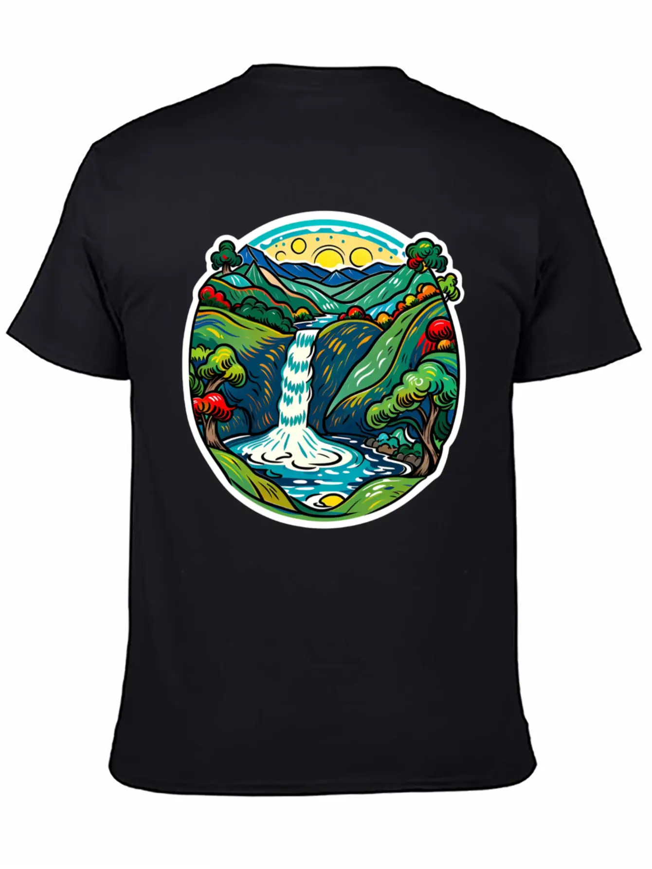 Smoky Mountain Waterfall, Van Gogh Inspired Lightweight Cotton T-Shirt – Daily Comfort Graphic Shirt