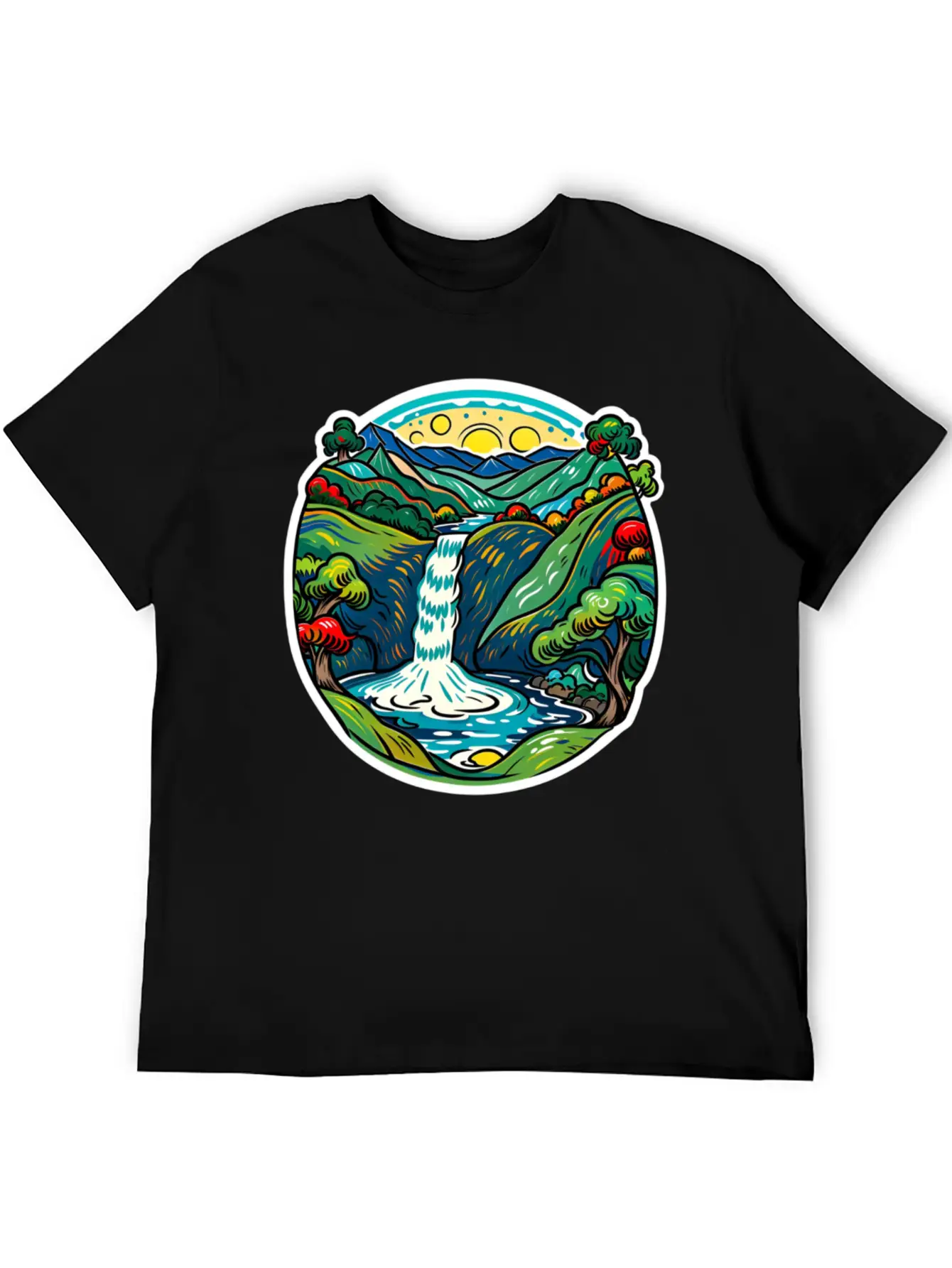 Smoky Mountain Waterfall, Van Gogh Inspired Lightweight Cotton T-Shirt – Daily Comfort Graphic Shirt