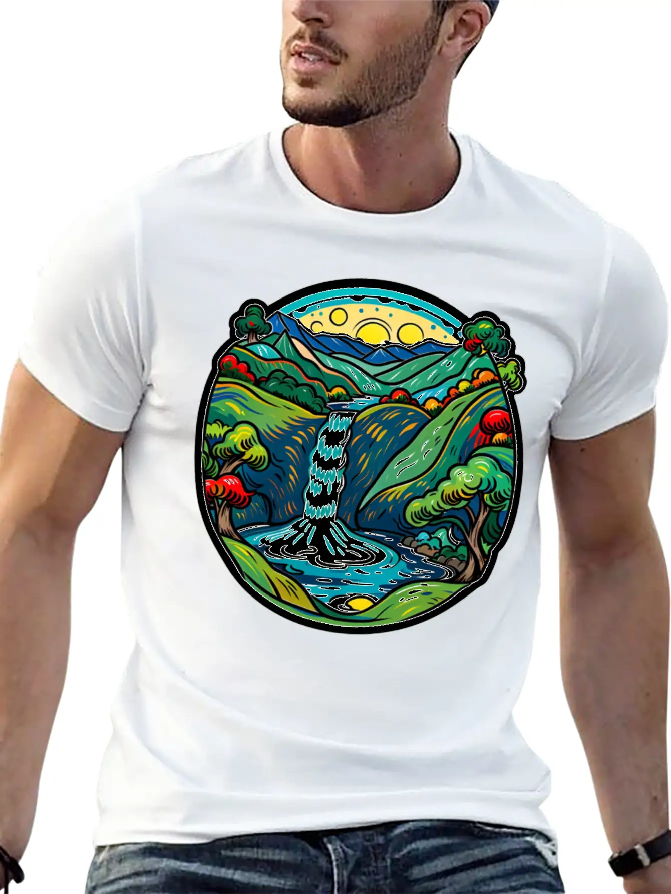 Smoky Mountain Waterfall, Van Gogh Inspired Lightweight Cotton T-Shirt – Daily Comfort Graphic Shirt