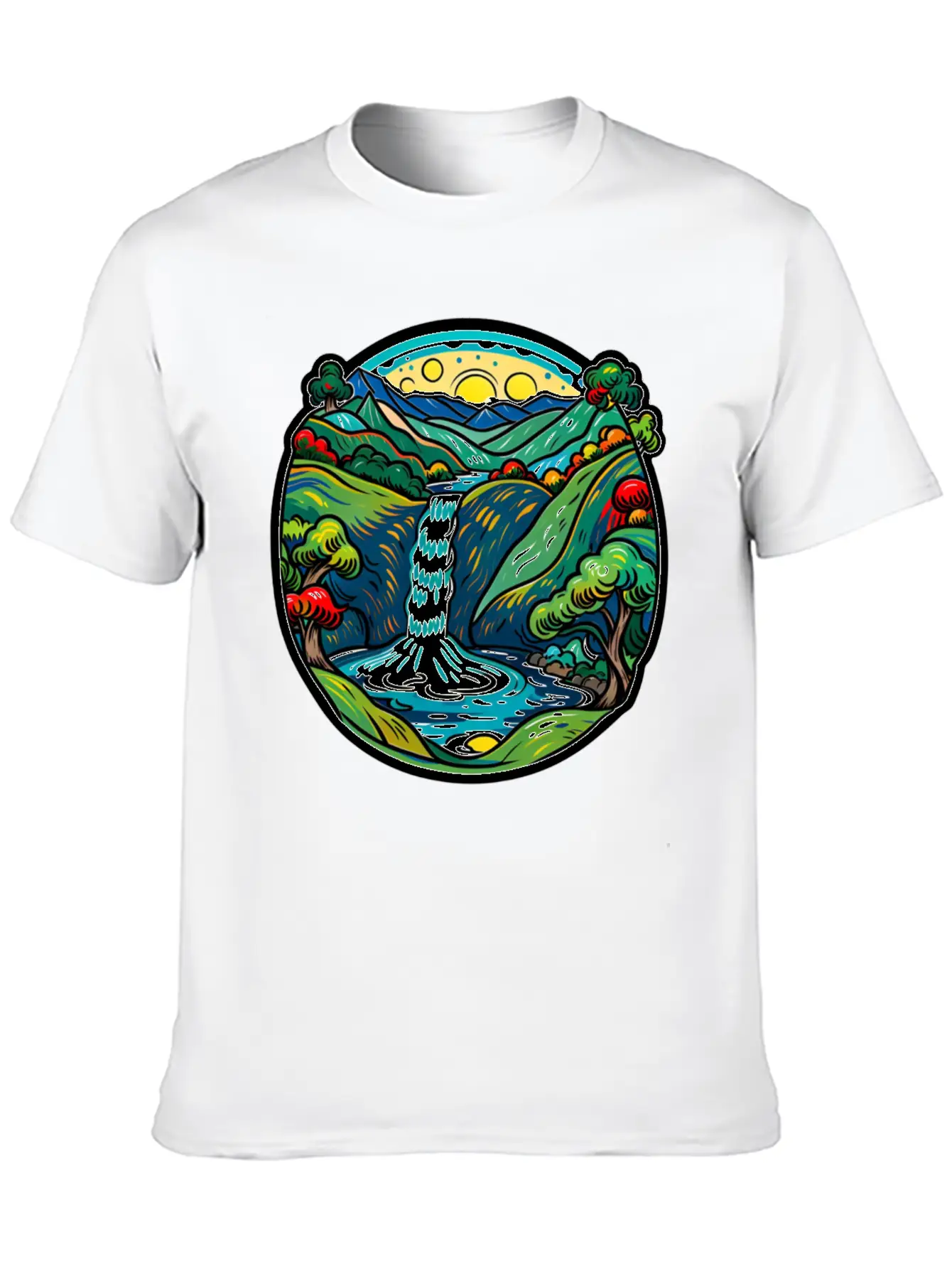 Smoky Mountain Waterfall, Van Gogh Inspired Lightweight Cotton T-Shirt – Daily Comfort Graphic Shirt