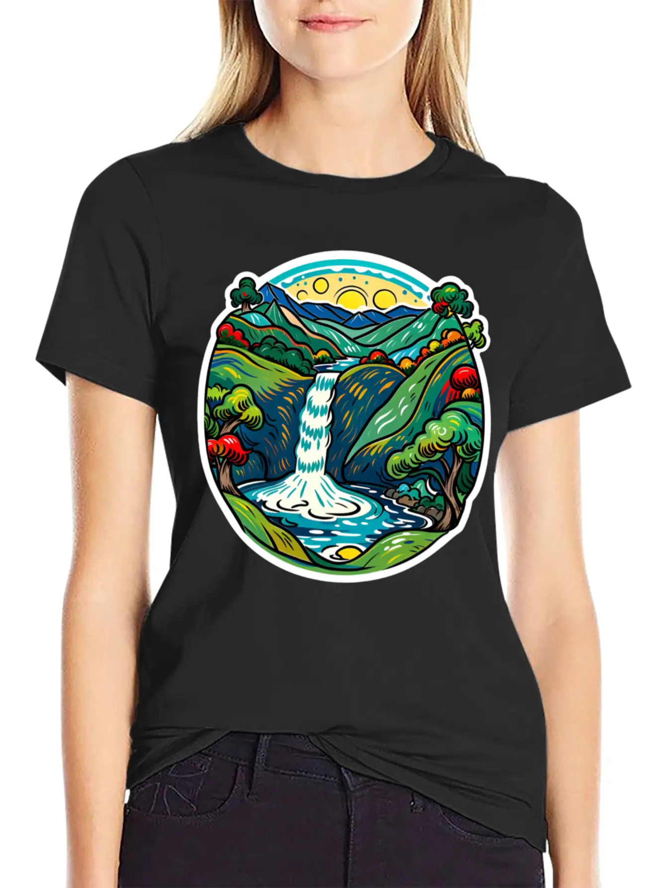 Smoky Mountain Waterfall, Van Gogh Inspired Lightweight Cotton T-Shirt – Daily Comfort Graphic Shirt