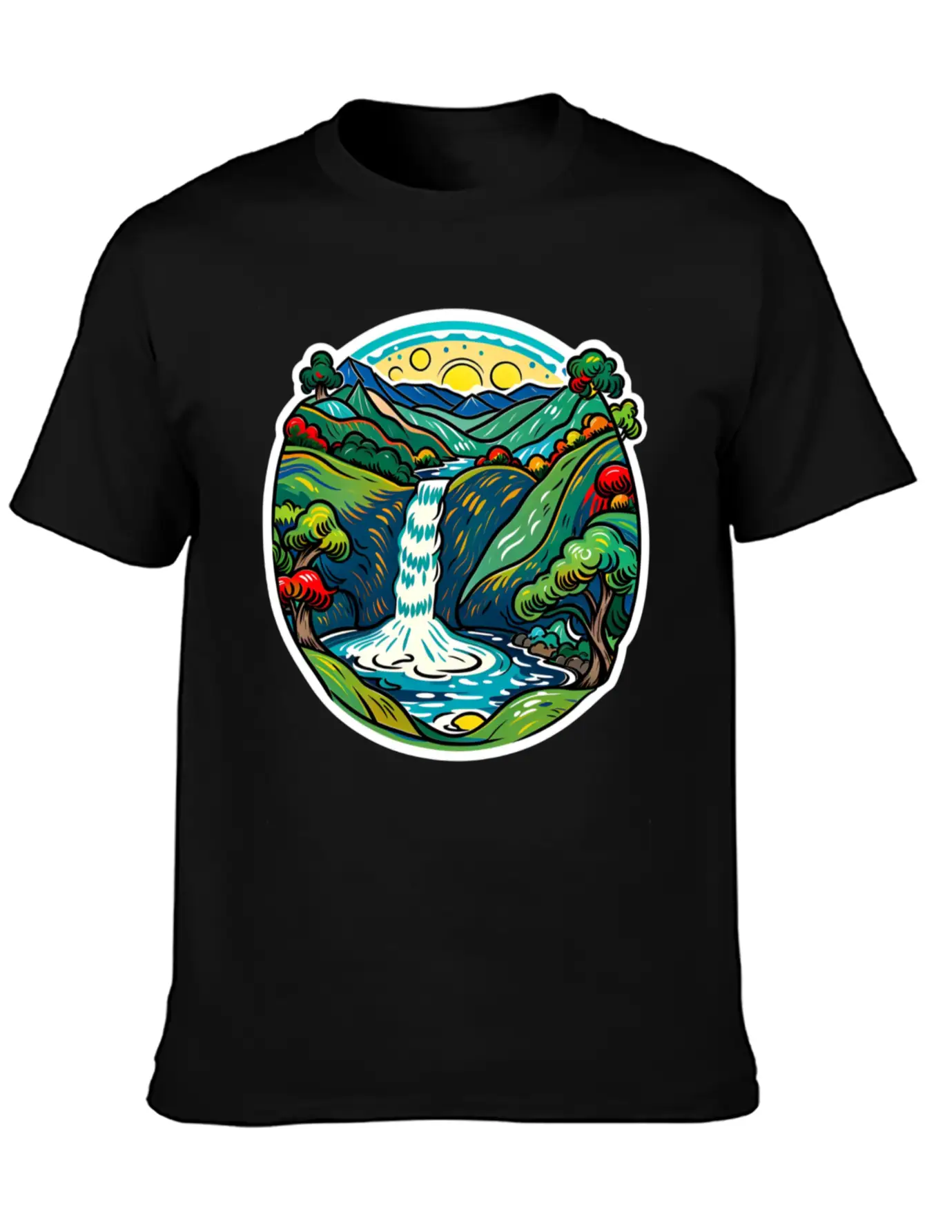 Smoky Mountain Waterfall, Van Gogh Inspired Lightweight Cotton T-Shirt – Daily Comfort Graphic Shirt