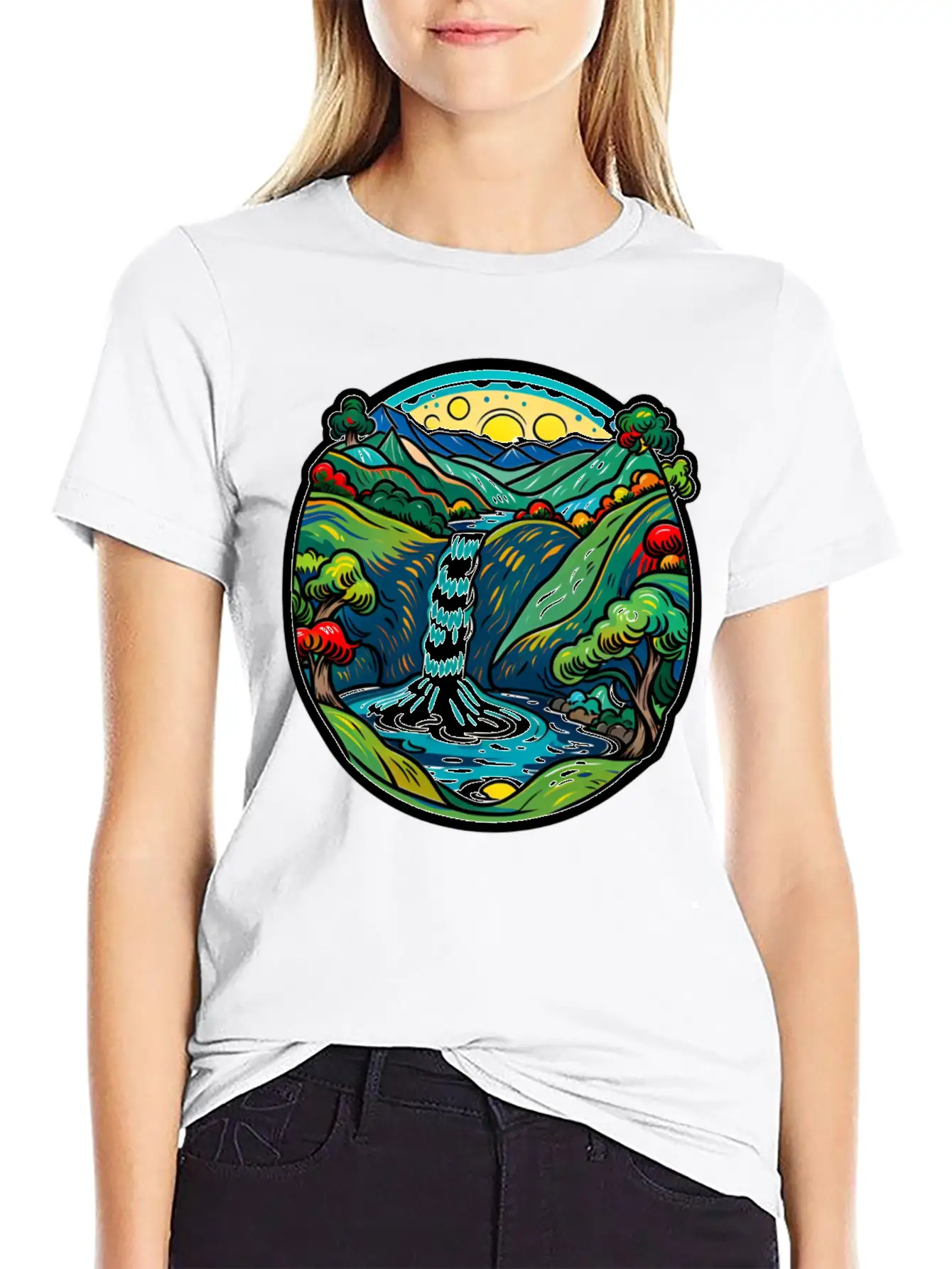 Smoky Mountain Waterfall, Van Gogh Inspired Lightweight Cotton T-Shirt – Daily Comfort Graphic Shirt