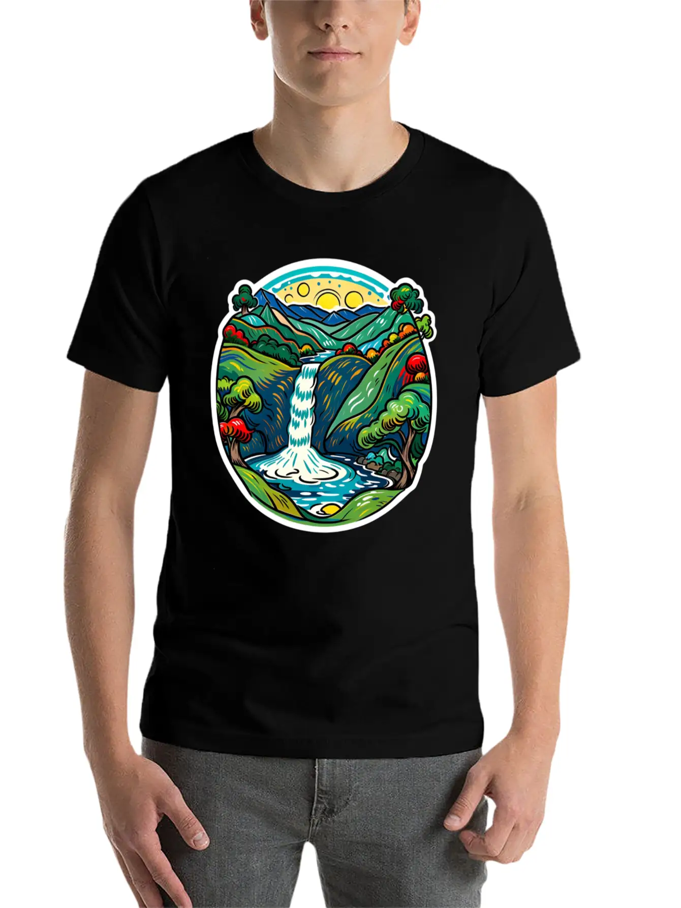 Smoky Mountain Waterfall, Van Gogh Inspired Lightweight Cotton T-Shirt – Daily Comfort Graphic Shirt