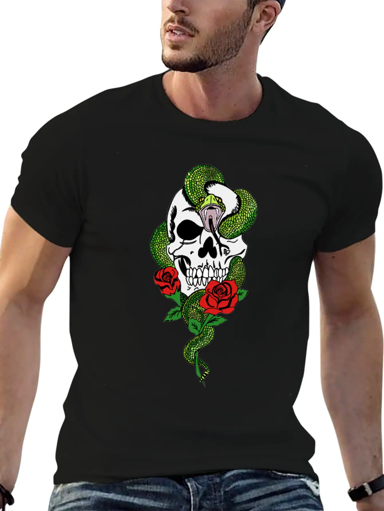 Snake Skull Roses Unisex Casual T-Shirt – Clean Design For Daily Comfort