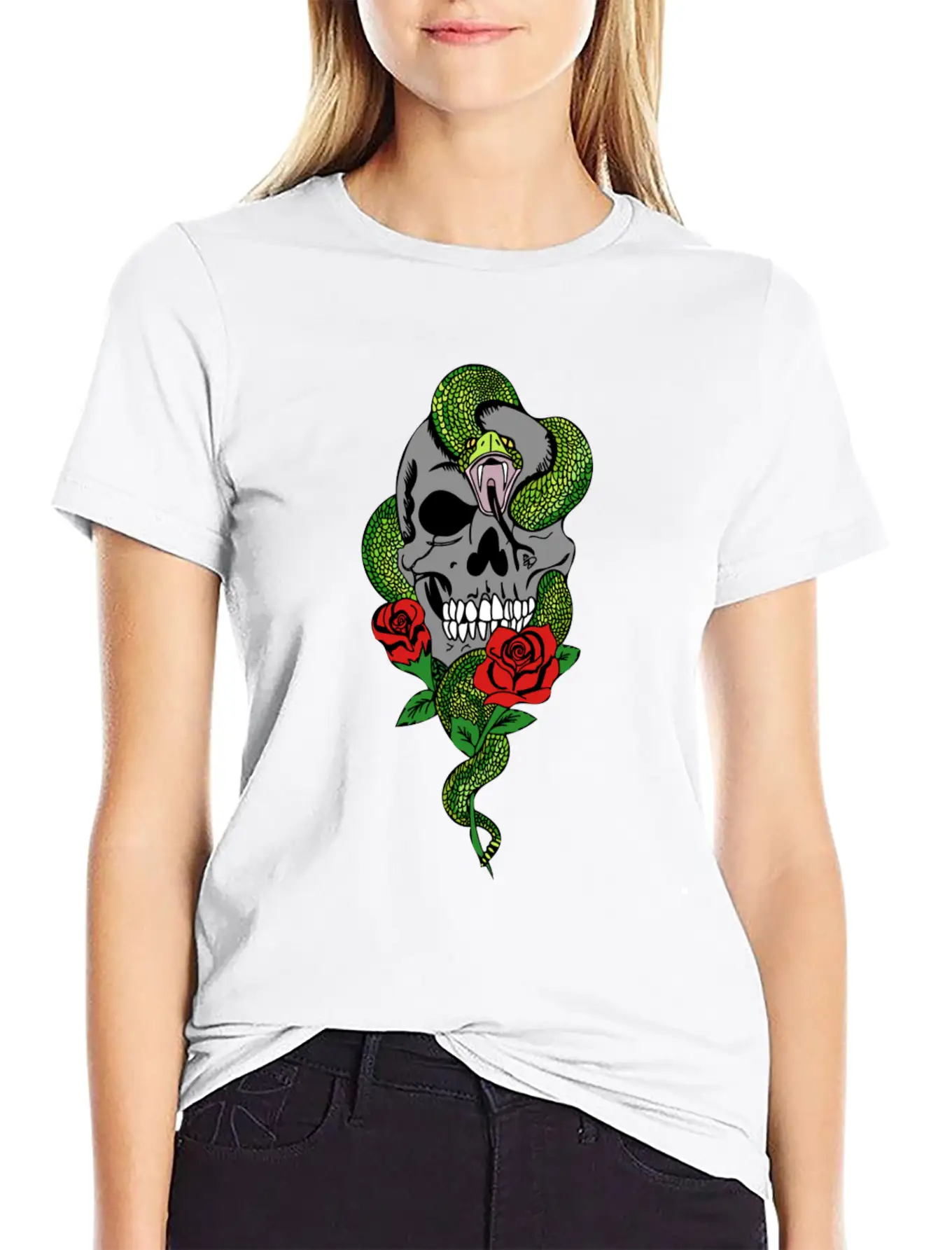 Snake Skull Roses Unisex Casual T-Shirt – Clean Design For Daily Comfort