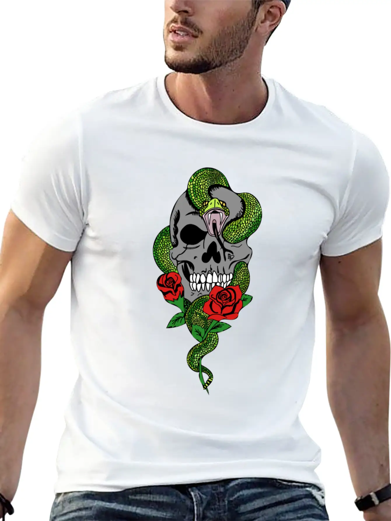 Snake Skull Roses Unisex Casual T-Shirt – Clean Design For Daily Comfort