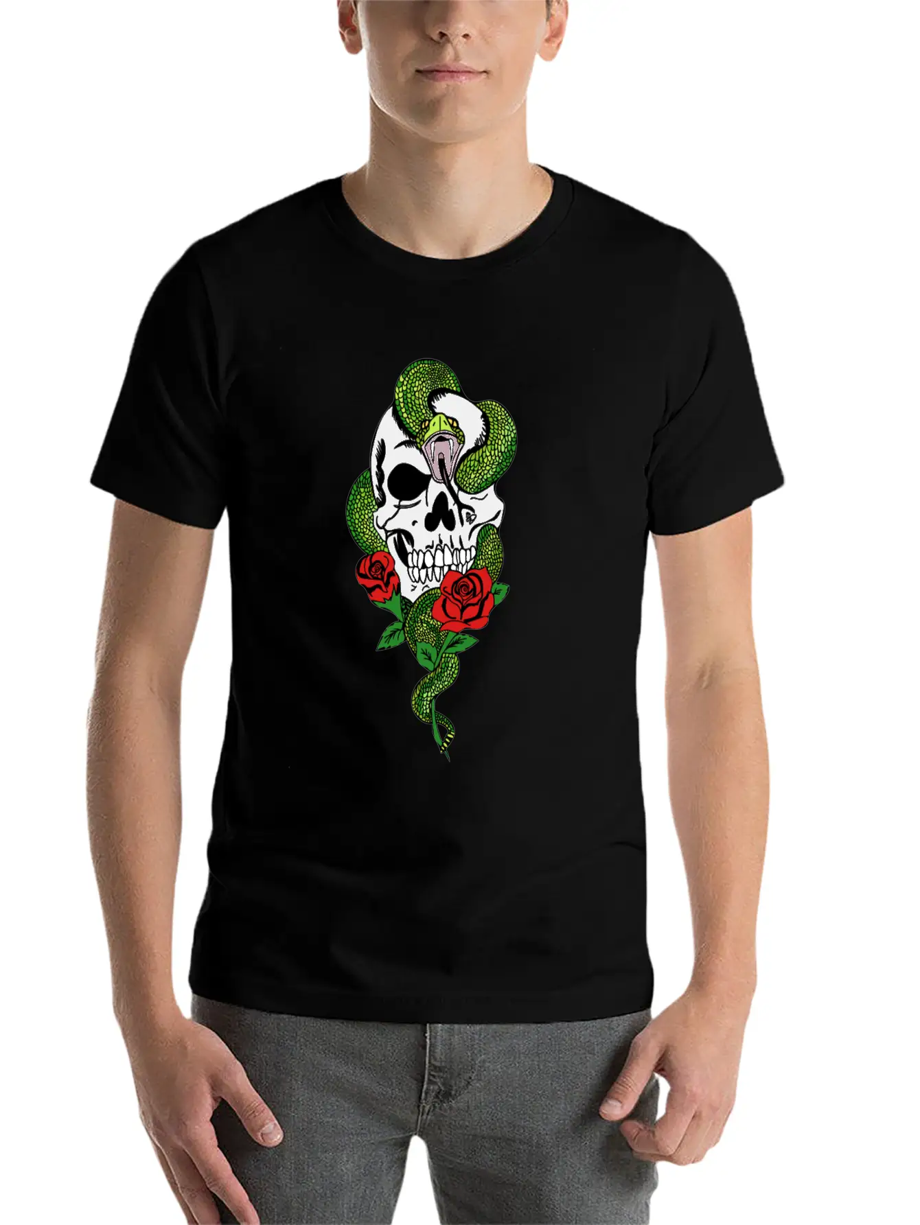 Snake Skull Roses Unisex Casual T-Shirt – Clean Design For Daily Comfort