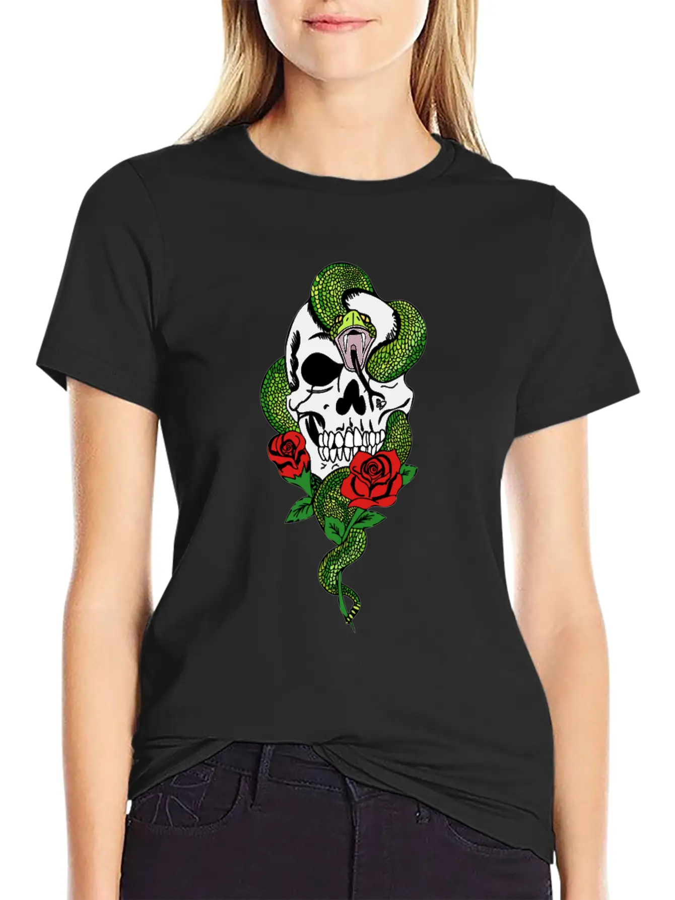 Snake Skull Roses Unisex Casual T-Shirt – Clean Design For Daily Comfort