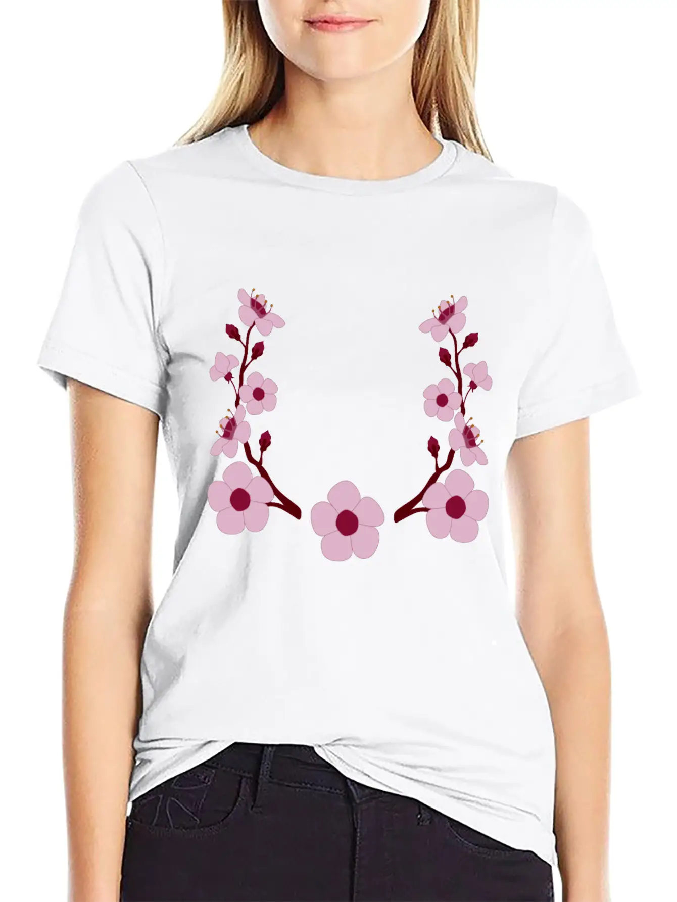 Spring Cherry Blossoms And Budding Flower Laurel Modern Fit Casual T-Shirt ��� Clean And Versatile Design