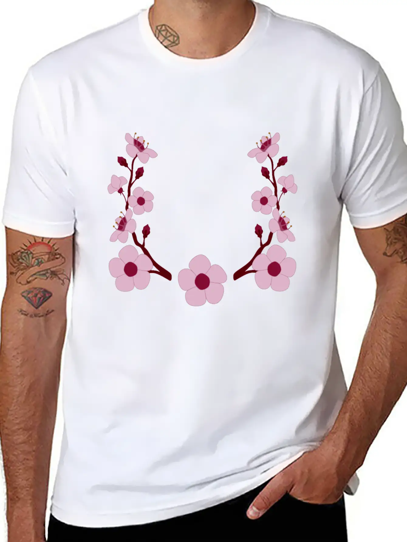 Spring Cherry Blossoms And Budding Flower Laurel Modern Fit Casual T-Shirt ��� Clean And Versatile Design