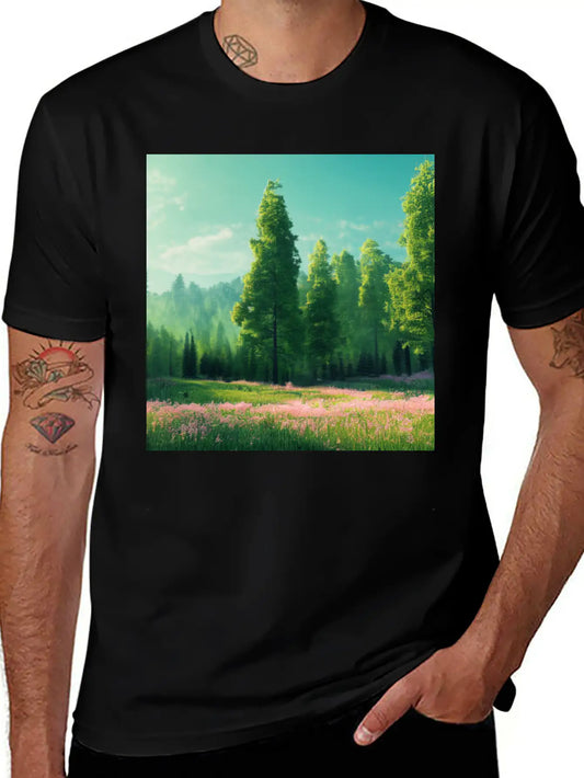 Spring Landscape With Flower Meadow And Forest In Stylish Everyday T-Shirt – Unisex Basic Cotton Tee
