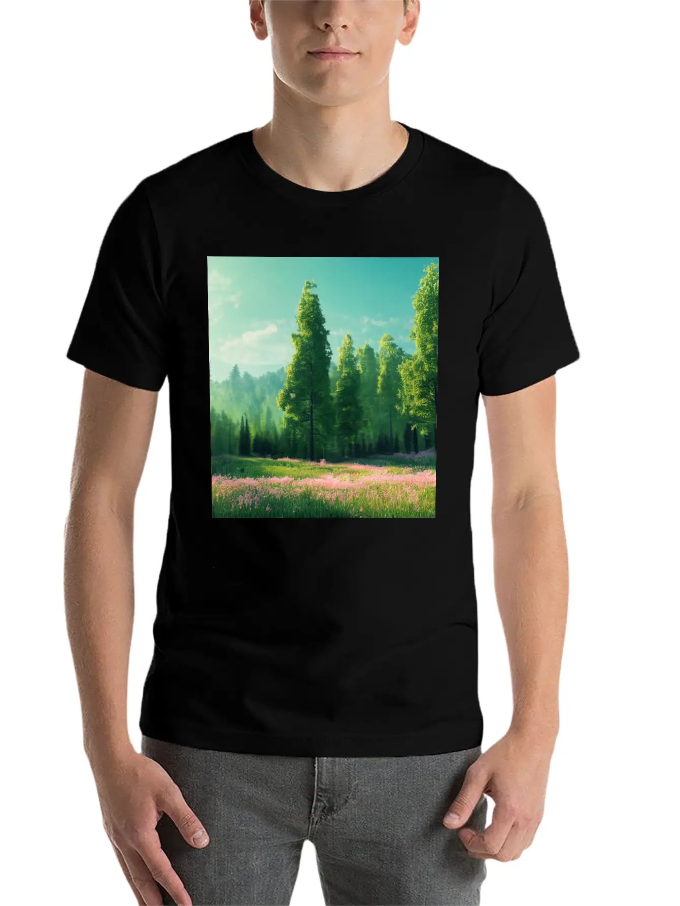 Spring Landscape With Flower Meadow And Forest In Stylish Everyday T-Shirt – Unisex Basic Cotton Tee